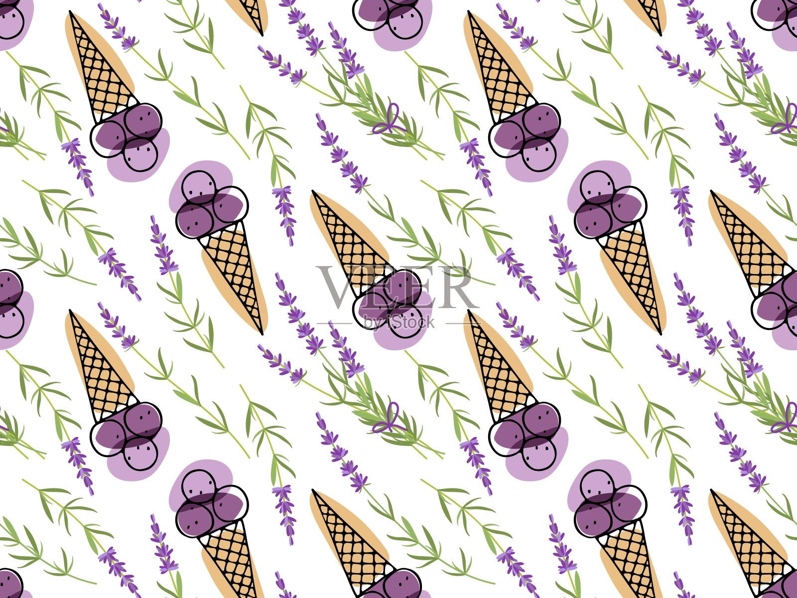薰衣草冰淇淋无缝图案。冰淇淋和植物重复矢量插图。紫绿色食品模板咖啡馆,餐厅菜单,纺织品,墙纸,剪贴簿,包装纸。插画图片素材