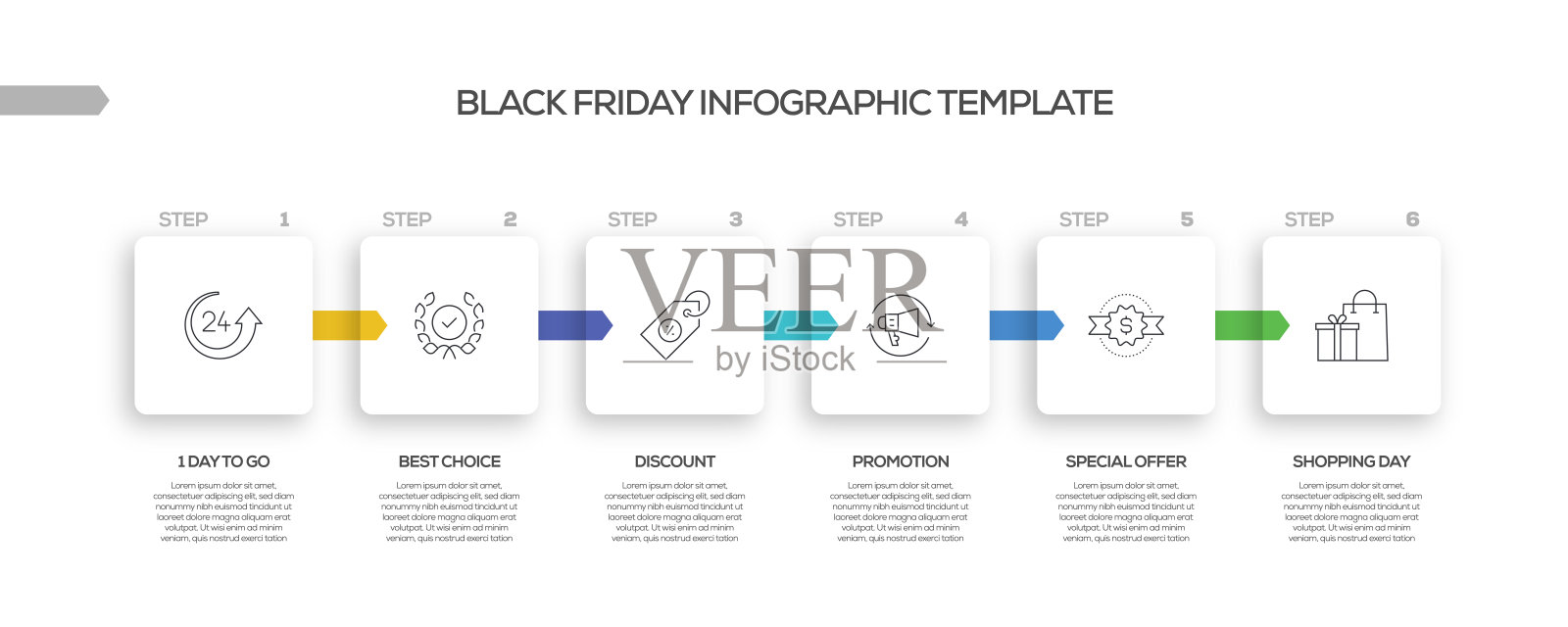 黑色星期五相关流程信息图表模板。过程时间图。带有线性图标的工作流布局插画图片素材