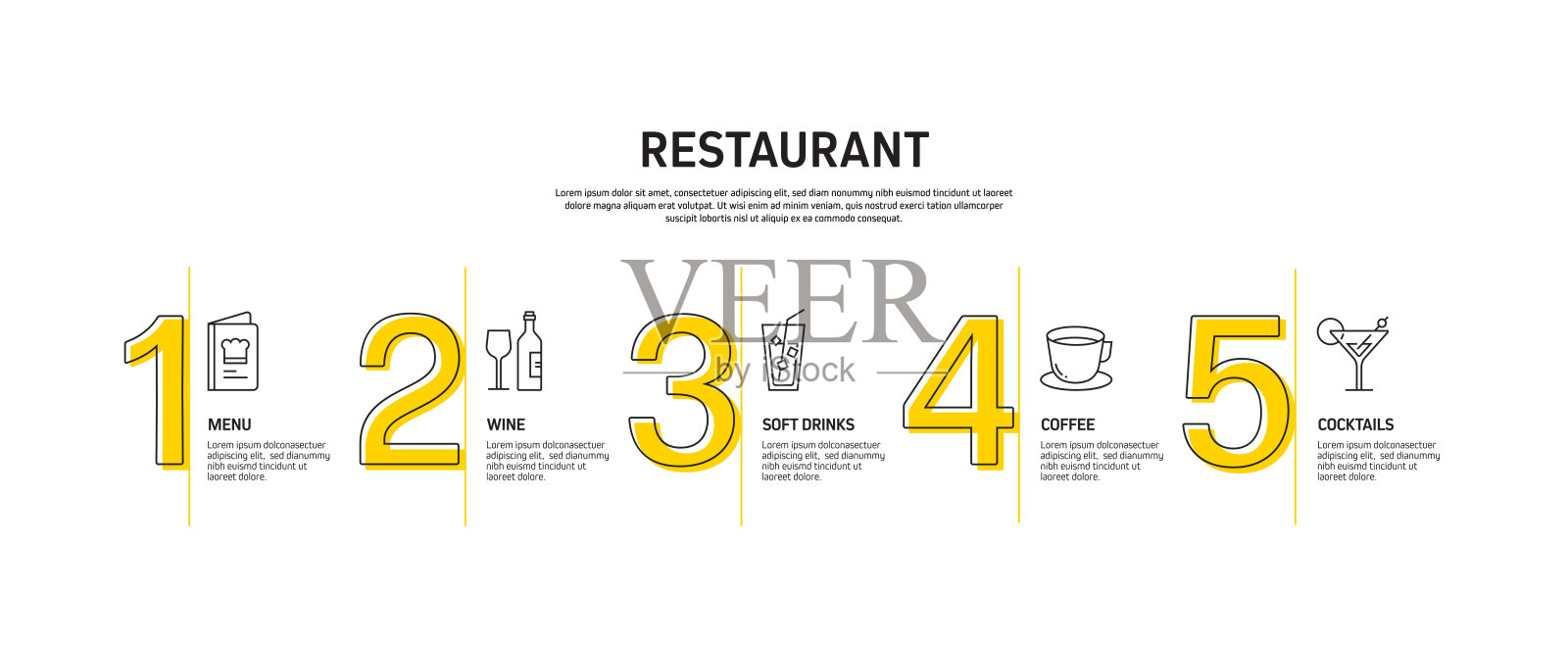 餐厅,食品和饮料相关的过程信息图表模板。过程时间图。使用线性图标的工作流布局插画图片素材