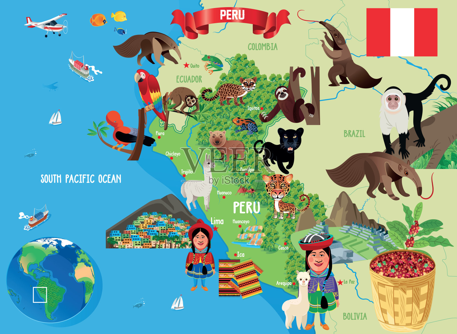 秘鲁卡通地图插画图片素材
