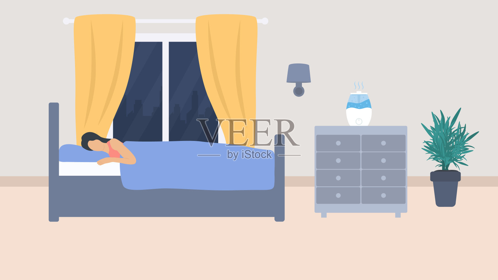 年轻女子睡觉与空气加湿器装置在卧室插画图片素材