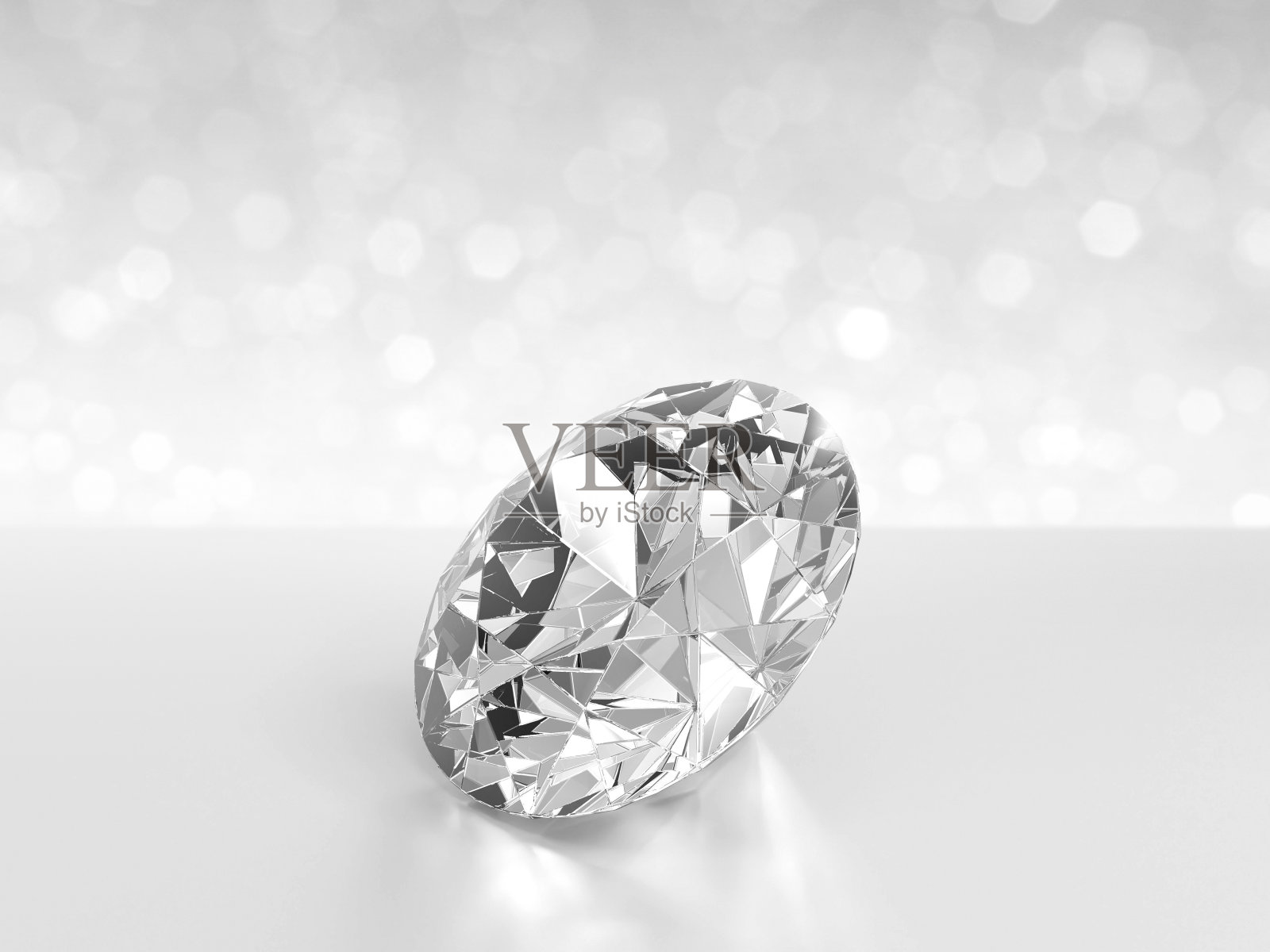 在白色闪光的散景背景上优雅的钻石的特写。选择最佳钻石宝石设计的概念。三维渲染照片摄影图片