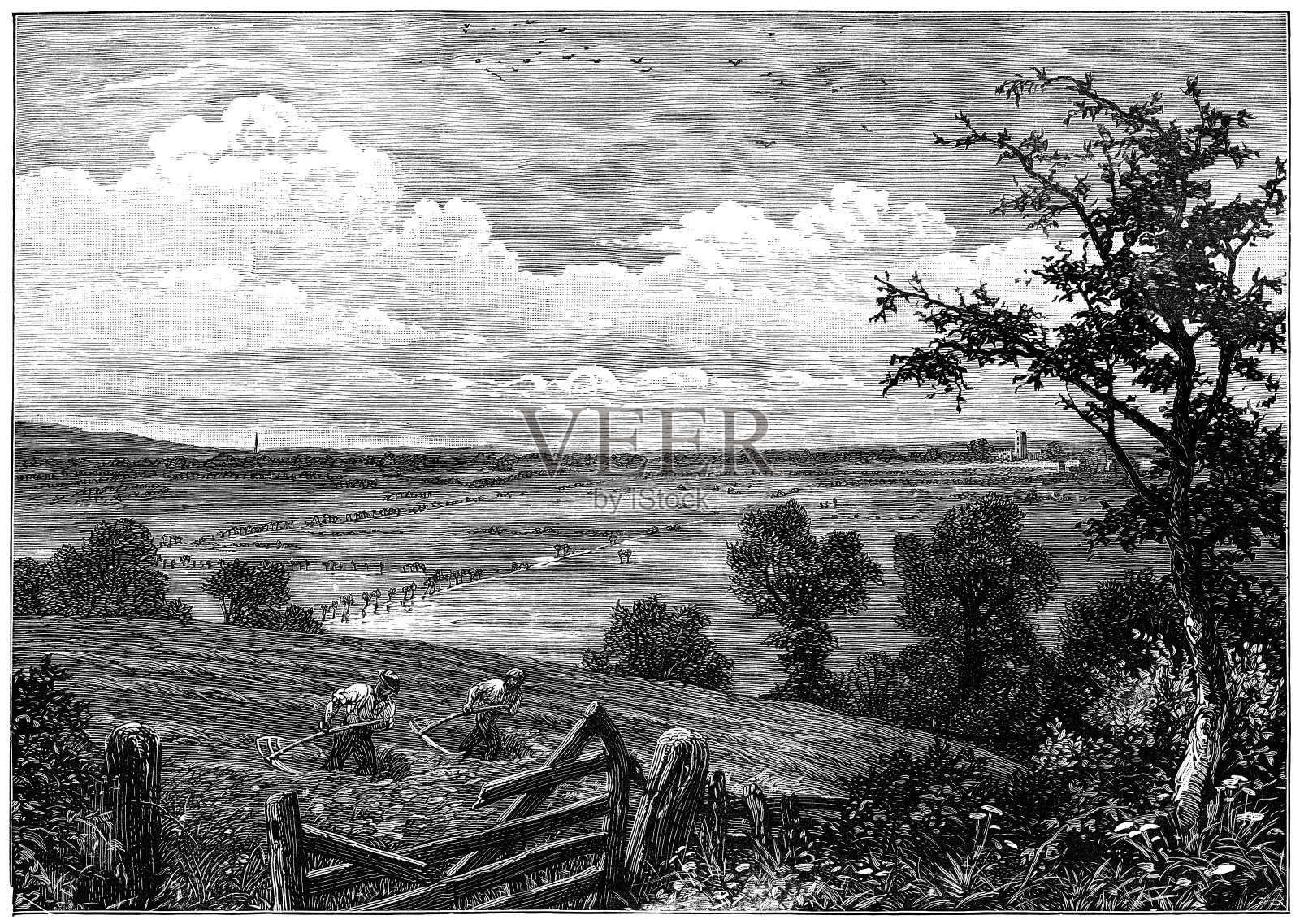 英国萨默塞特郡的塞奇莫尔——19世纪插画图片素材