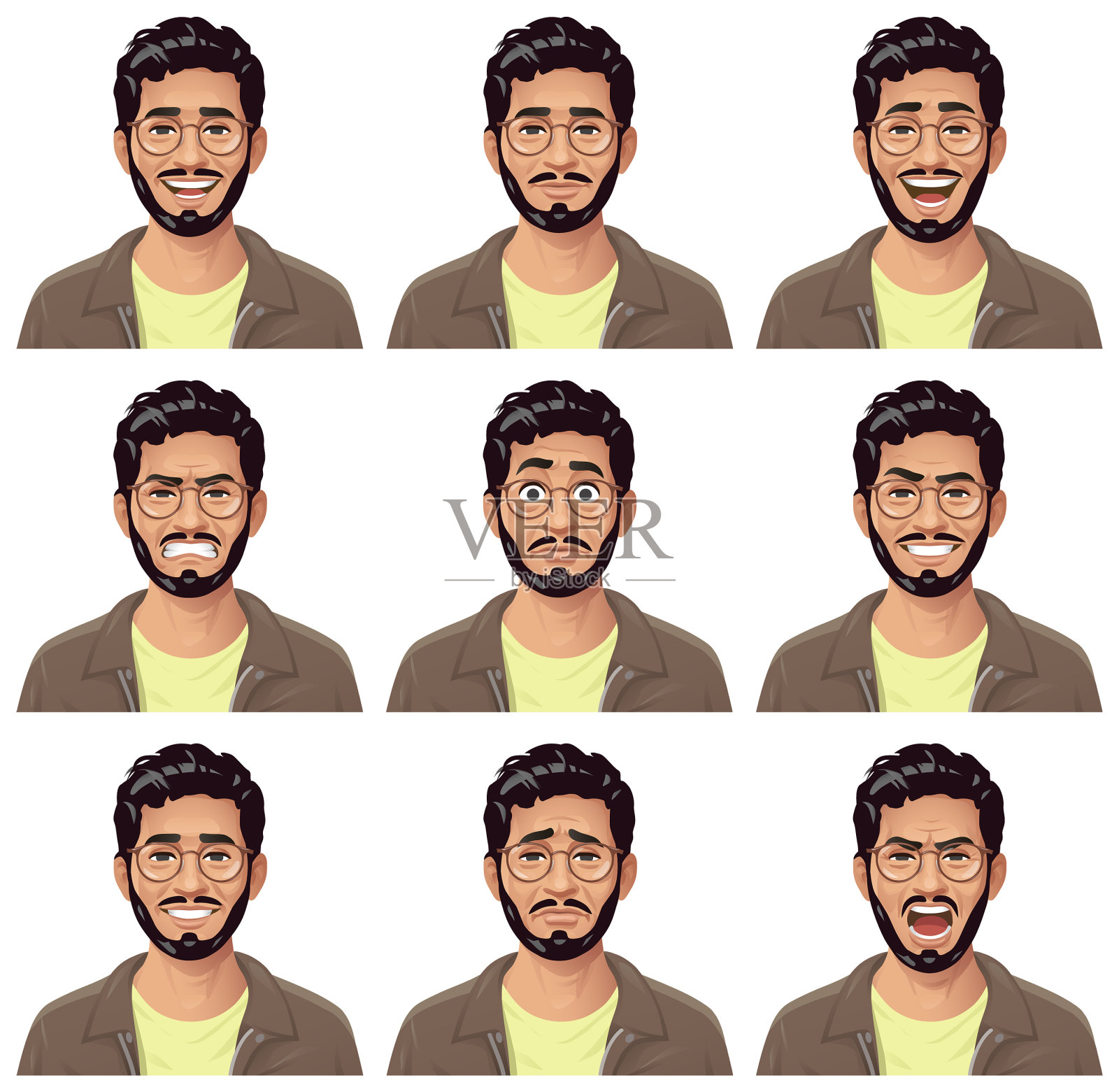 留着胡须、戴眼镜的年轻男子肖像——情绪插画图片素材