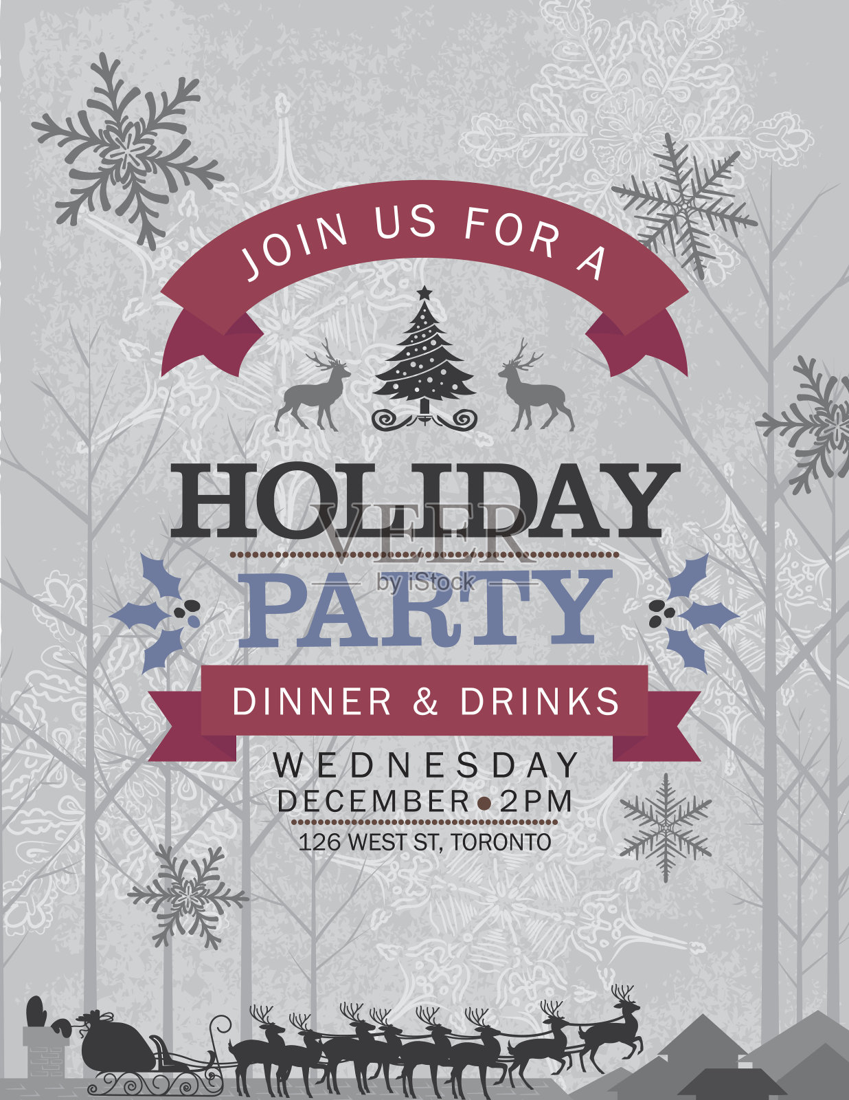 圣诞老人和他的驯鹿圣诞夜节日派对邀请设计模板素材