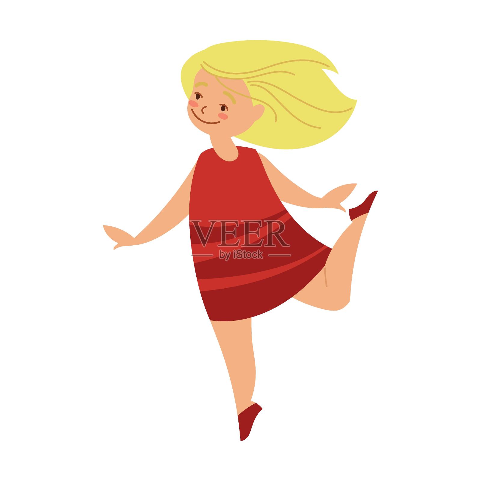 快乐可爱的女孩在红色连衣裙与金发卡通插图。小孩儿,性格开朗,白底女学生插画图片素材