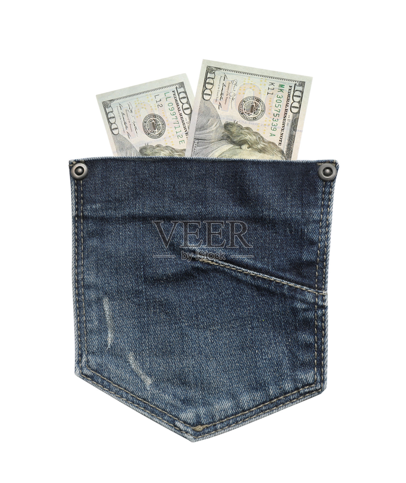 牛仔裤口袋和白色钞票。花钱照片摄影图片