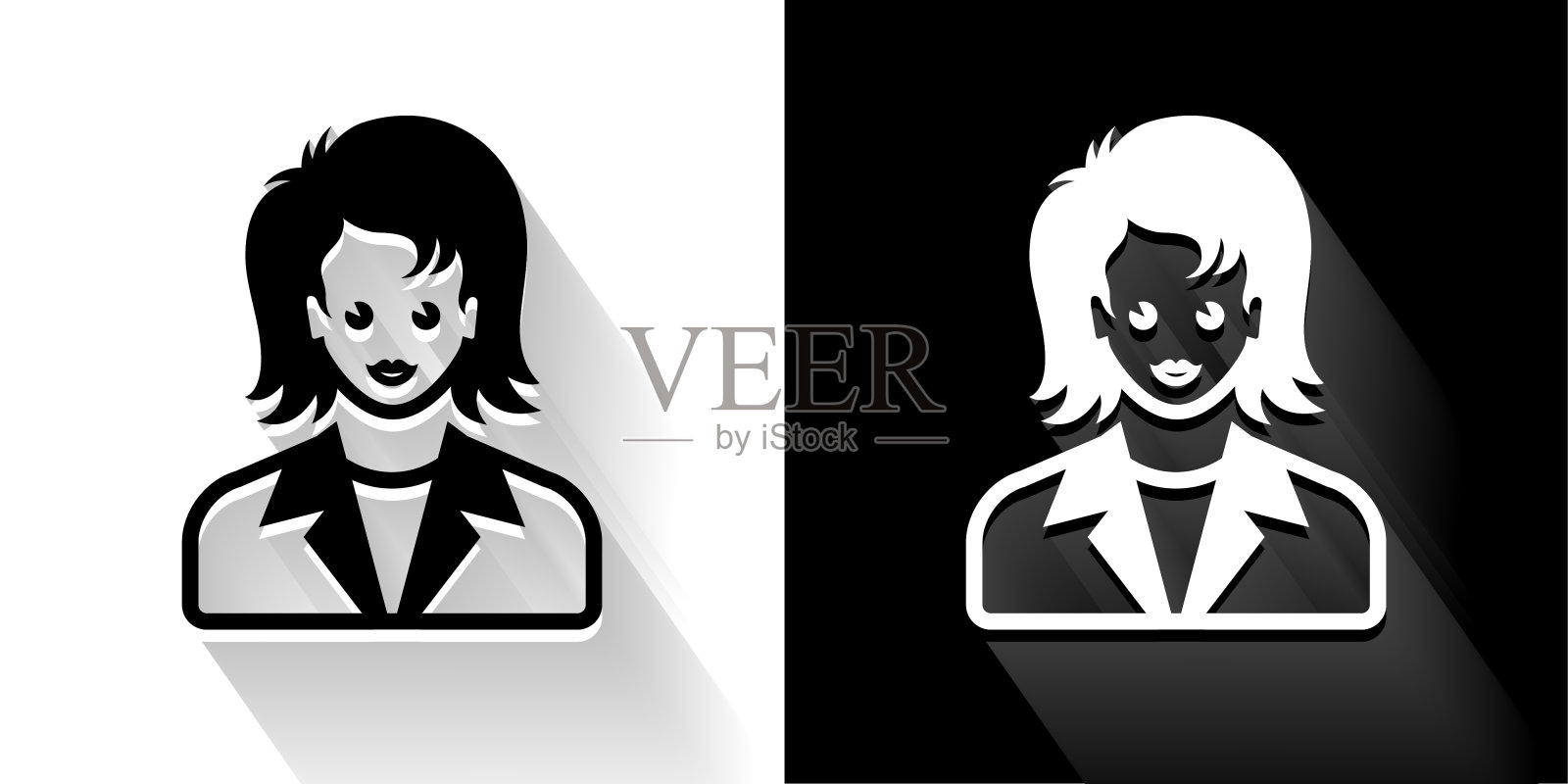 女人的脸肖像黑色和白色图标与长影子插画图片素材