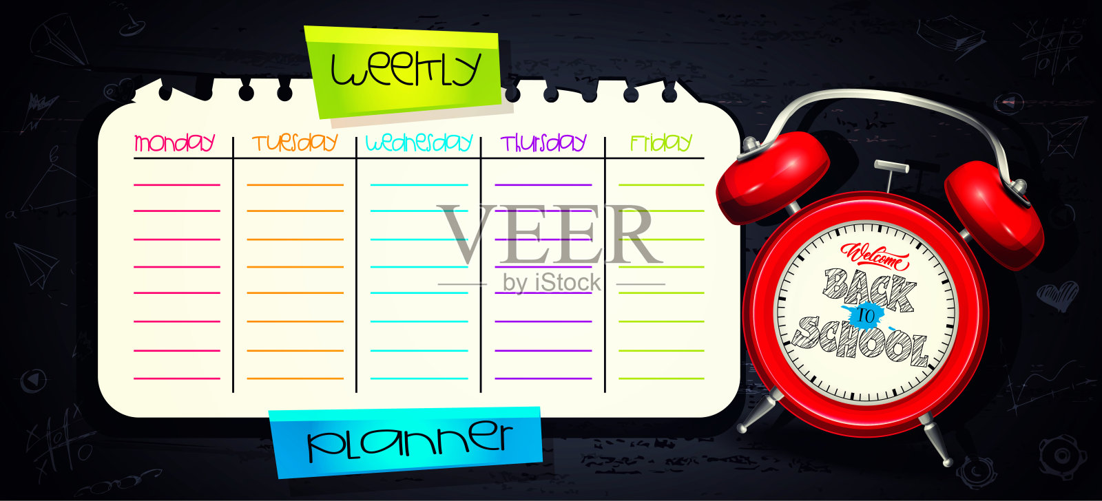 卡通风格的小学教育理念。周计划表,周计划表,每日例行,有闹钟背景的校董会表。时尚的web模板在线订购,网页,应用程序设计。插画图片素材