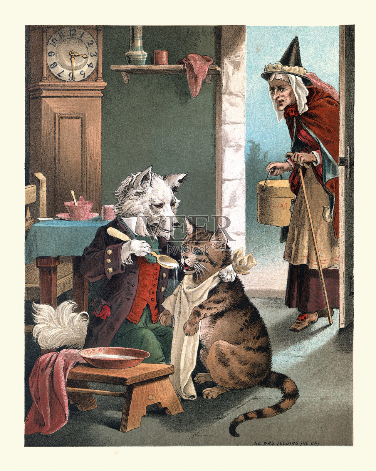 老妈子哈伯德,儿歌,狗在喂猫插画图片素材