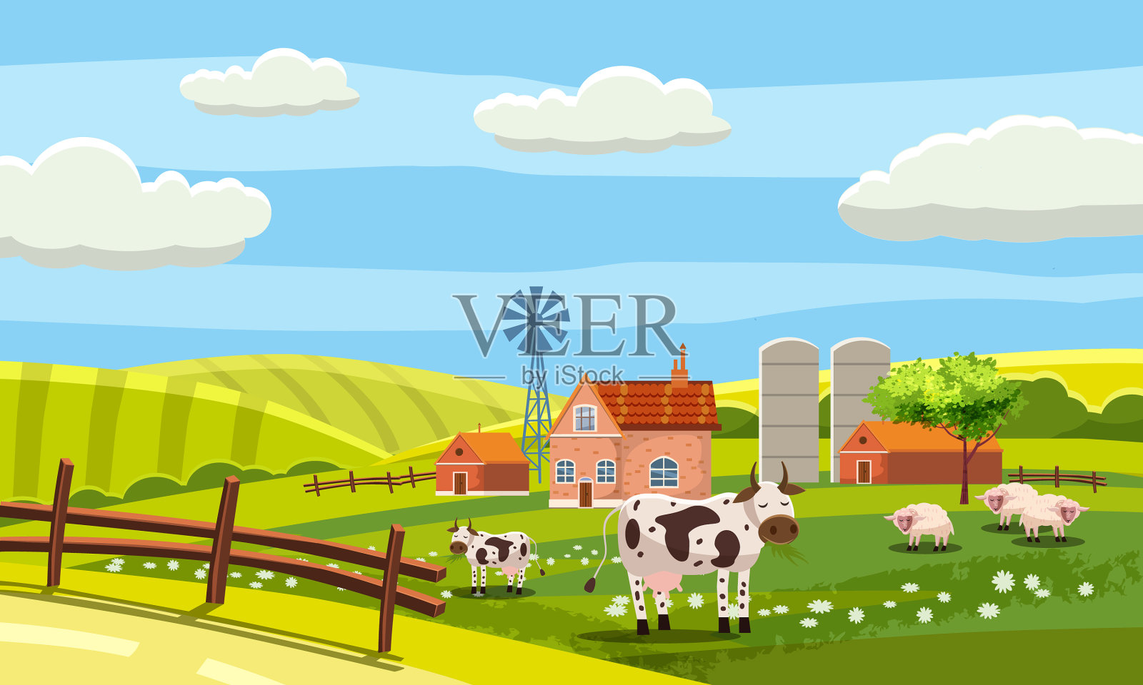 田园风光,绿油油的田野,山丘和插画图片素材