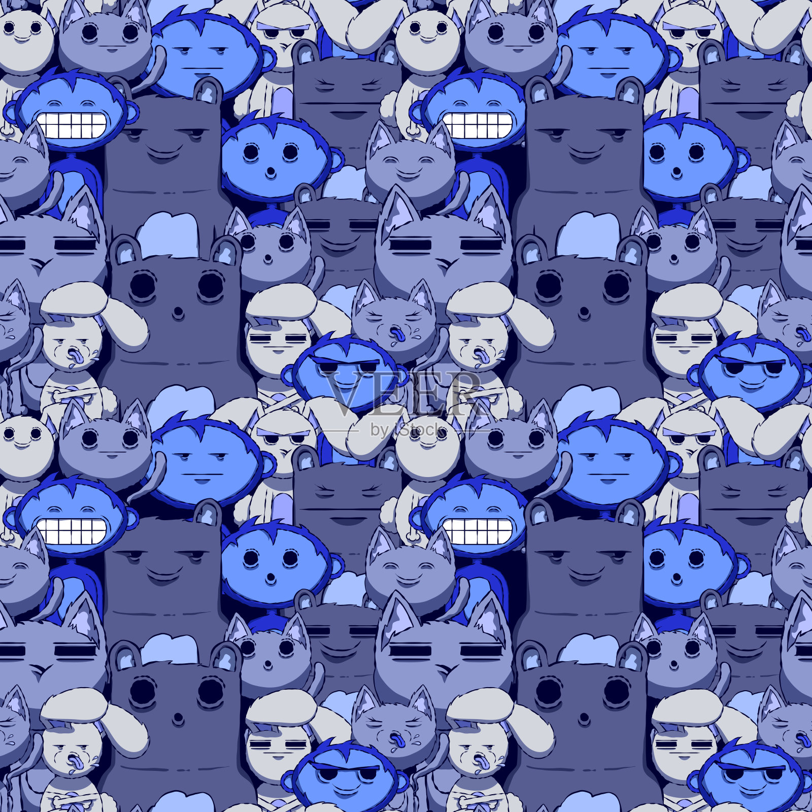 可爱动物的有趣无缝插图。动物的表情符号。插画图片素材