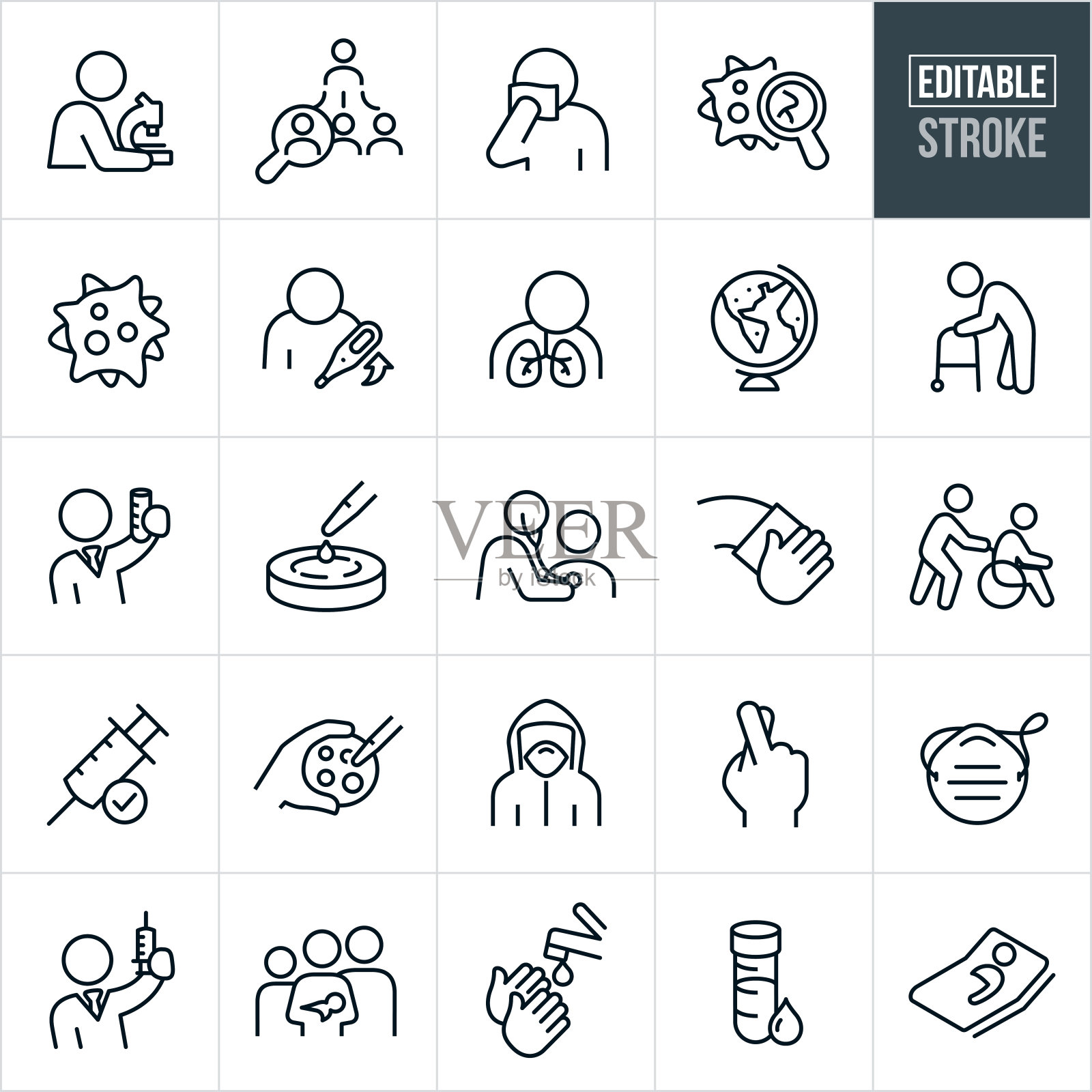 传染病细线图标-可编辑的笔画图标素材