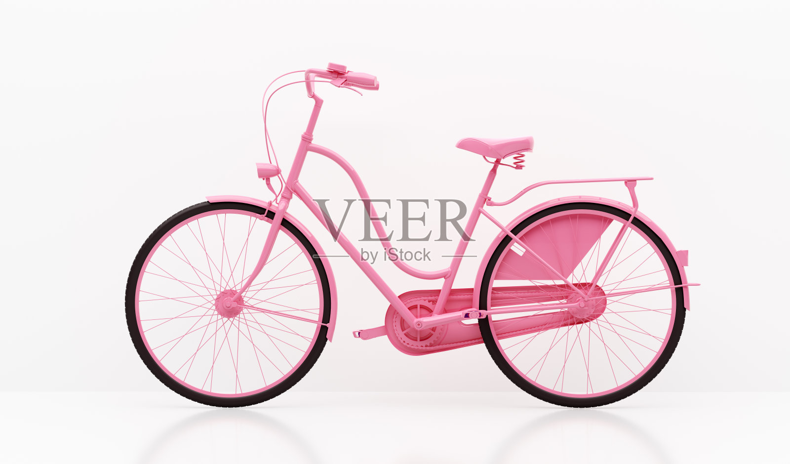 粉红色的自行车在白色的墙背景照片摄影图片