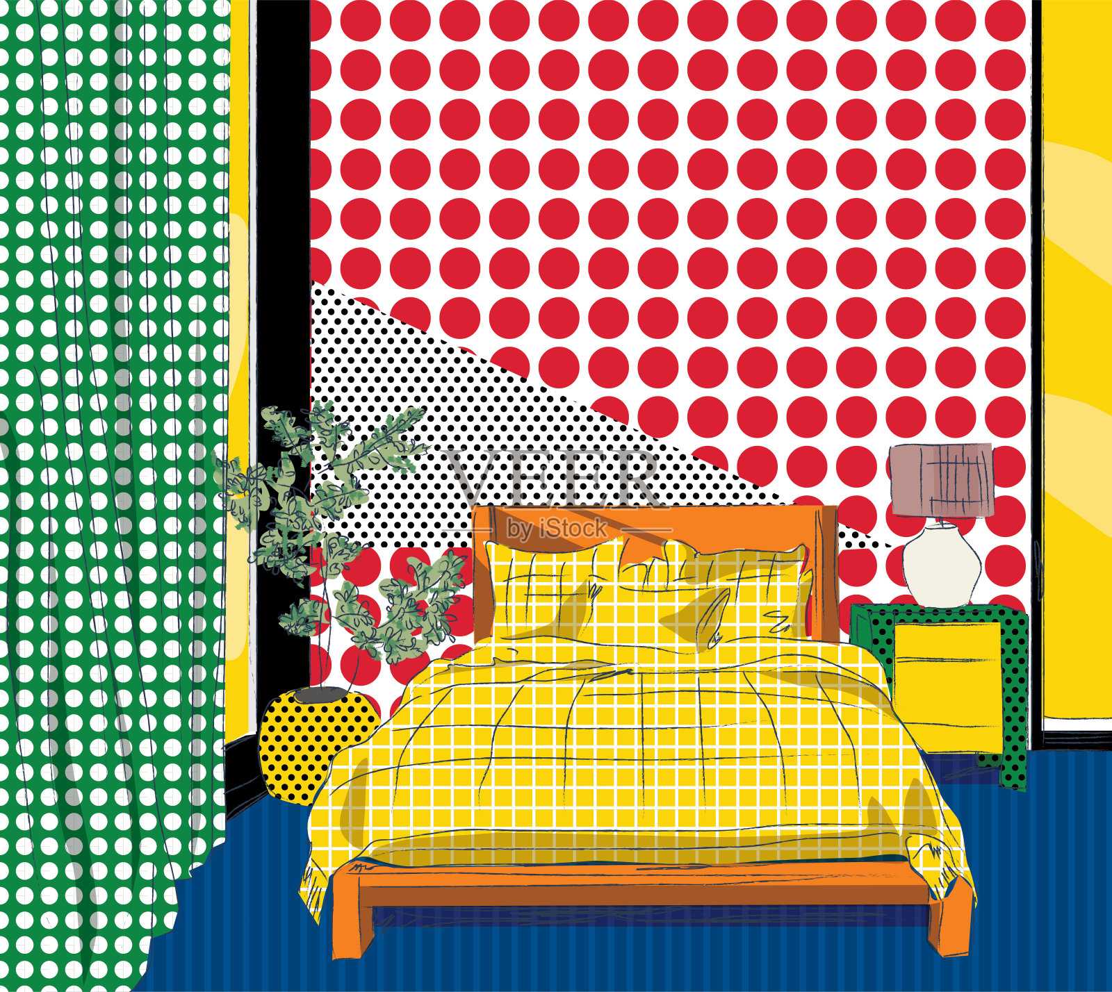 素描风格的现代流行艺术彩色波尔卡点卧室内部矢量插图插画图片素材