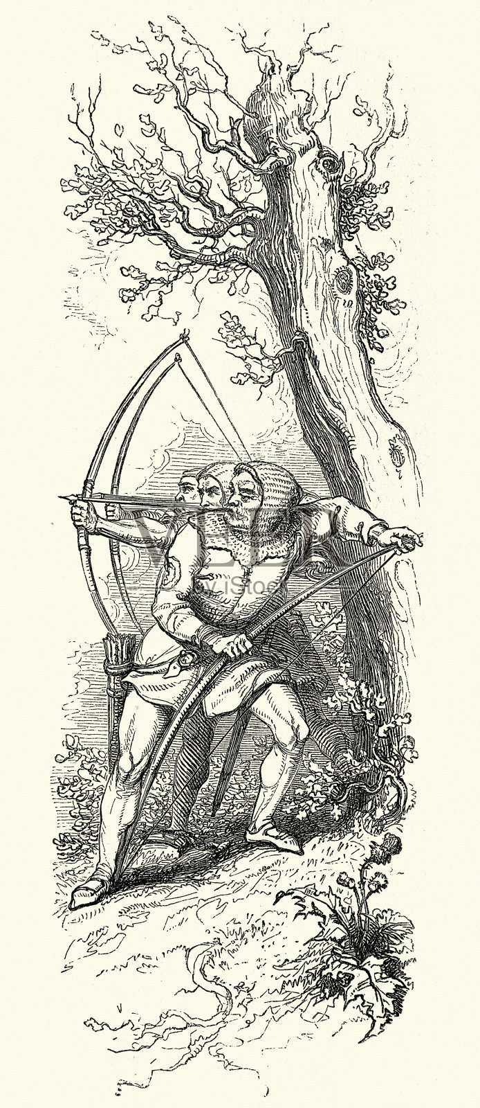 中世纪弓箭手串和射击长弓,弓,箭,射箭,士兵,不法之徒插画图片素材