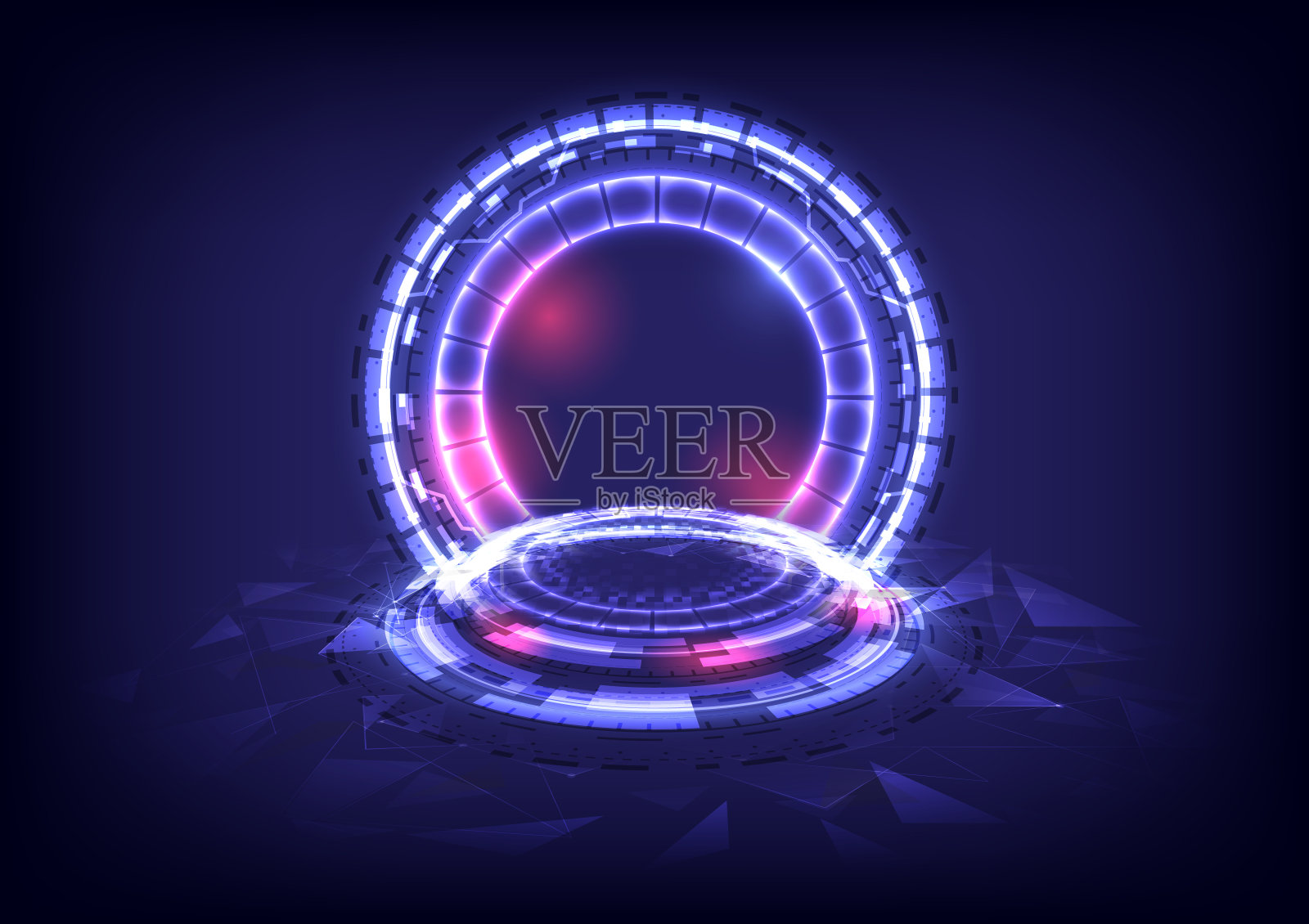 GUI和UI虚拟现实。传送门和全息科学的未来主义。科幻数字高科技在发光HUD投影仪。奇幻游戏中的魔法门。圆传送讲台。矢量插画家插画图片素材