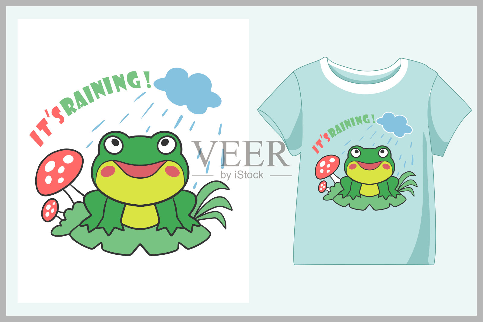 可爱的青蛙吉祥物卡通t恤设计与装备预览。插画图片素材