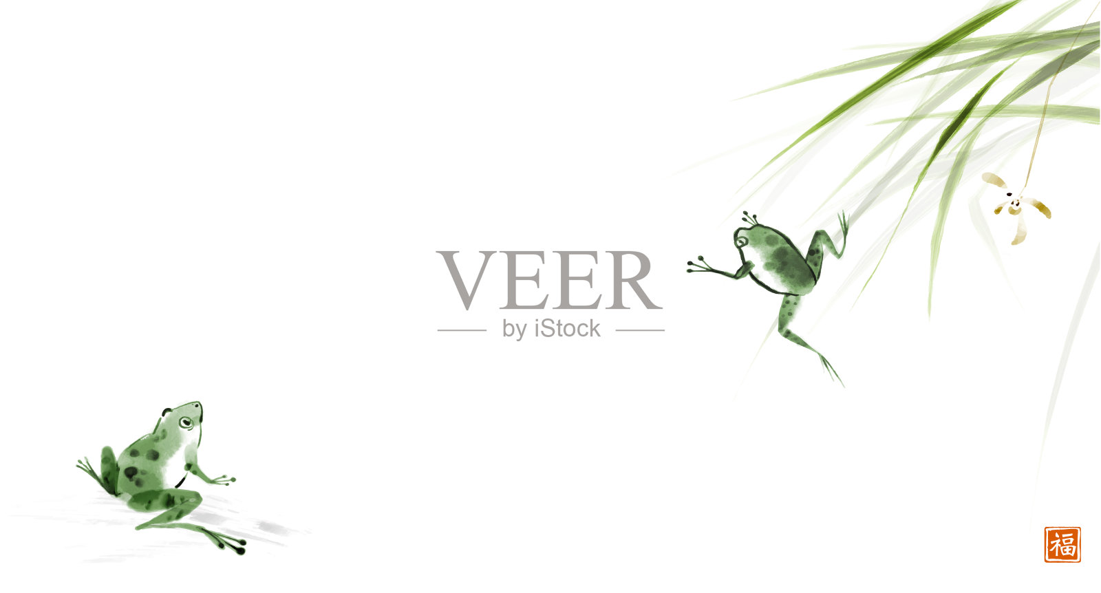 两只青蛙在草丛里。传统的东方水墨画,水墨,水墨。象形文字-福祉的翻译插画图片素材