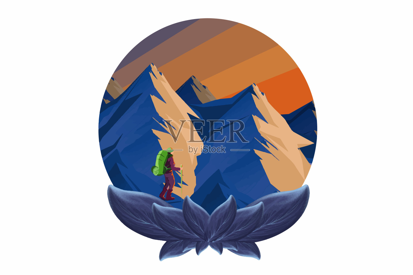 徒步旅行者和阳光明媚的山脉插画图片素材