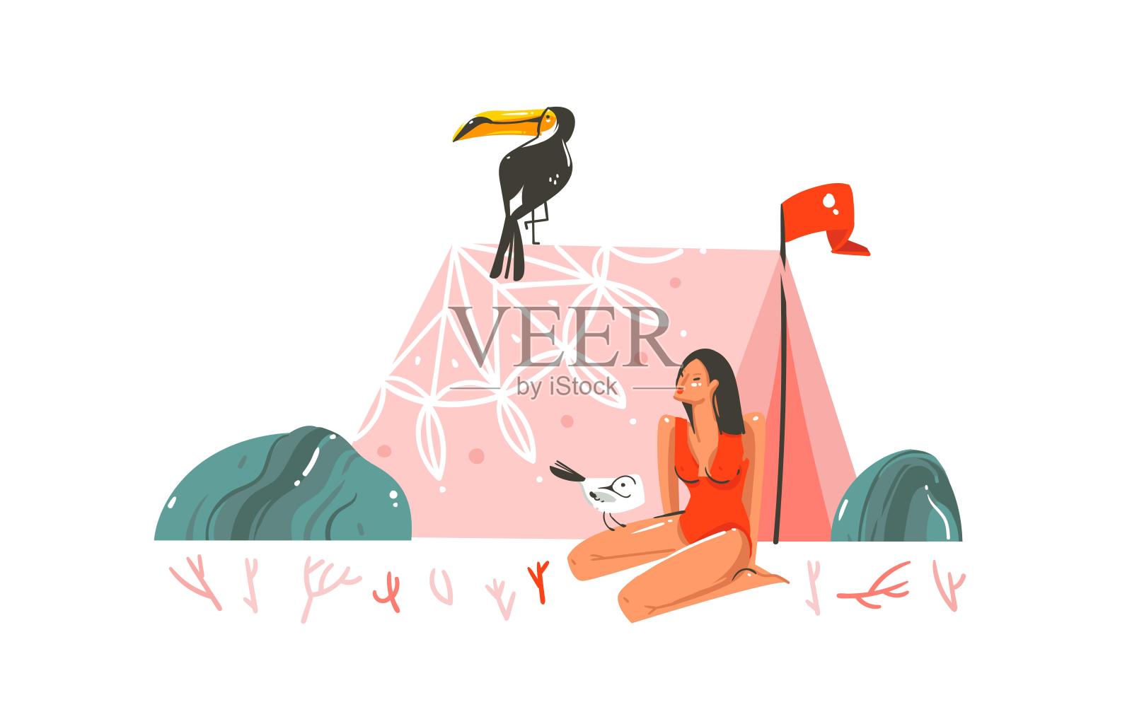 手绘矢量抽象卡通图形夏季时间插图与帐篷,石头,珊瑚礁,巨嘴鸟和美丽波西米亚女孩人物在泳衣孤立在白色背景插画图片素材