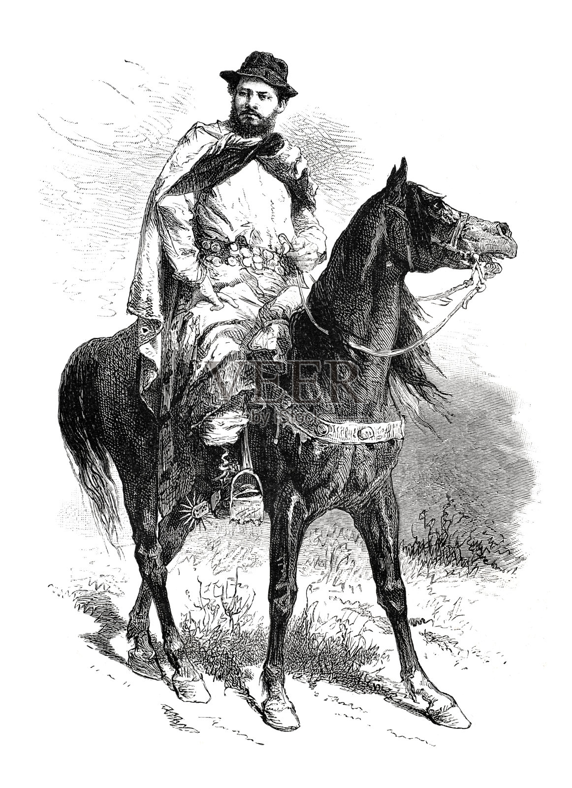 1877年,阿根廷安第斯山脉附近的高乔骑着马插画图片素材