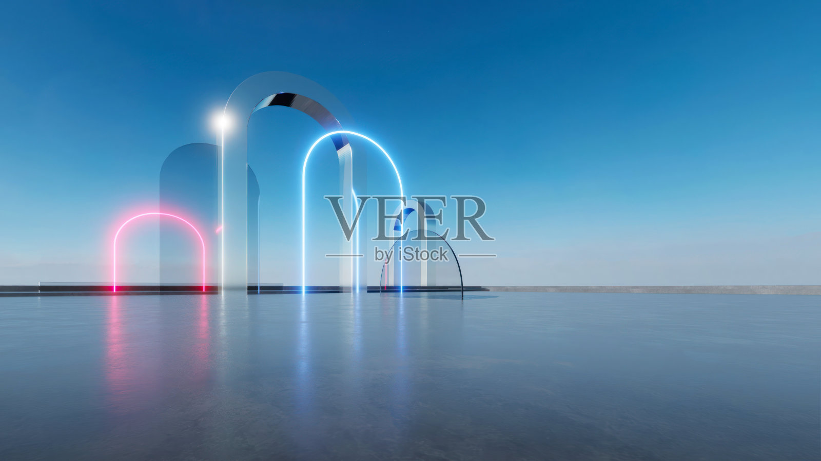 3D渲染未来主义霓虹拱形建筑照片摄影图片