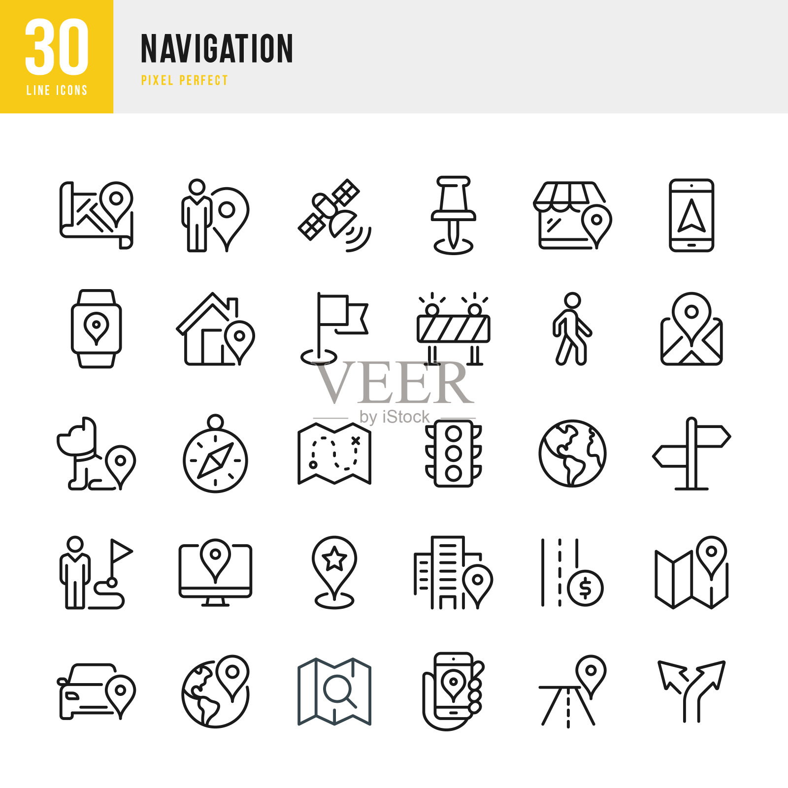 导航-细线矢量图标集。像素完美。该集包含图标:GPS,地图,距离标记,导航,行走,导航罗盘,手机,旗帜,交通灯,家畜。图标素材