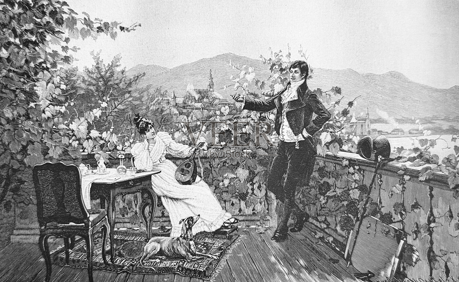 夏日的一天,一对年轻夫妇在葡萄园里放松插画图片素材