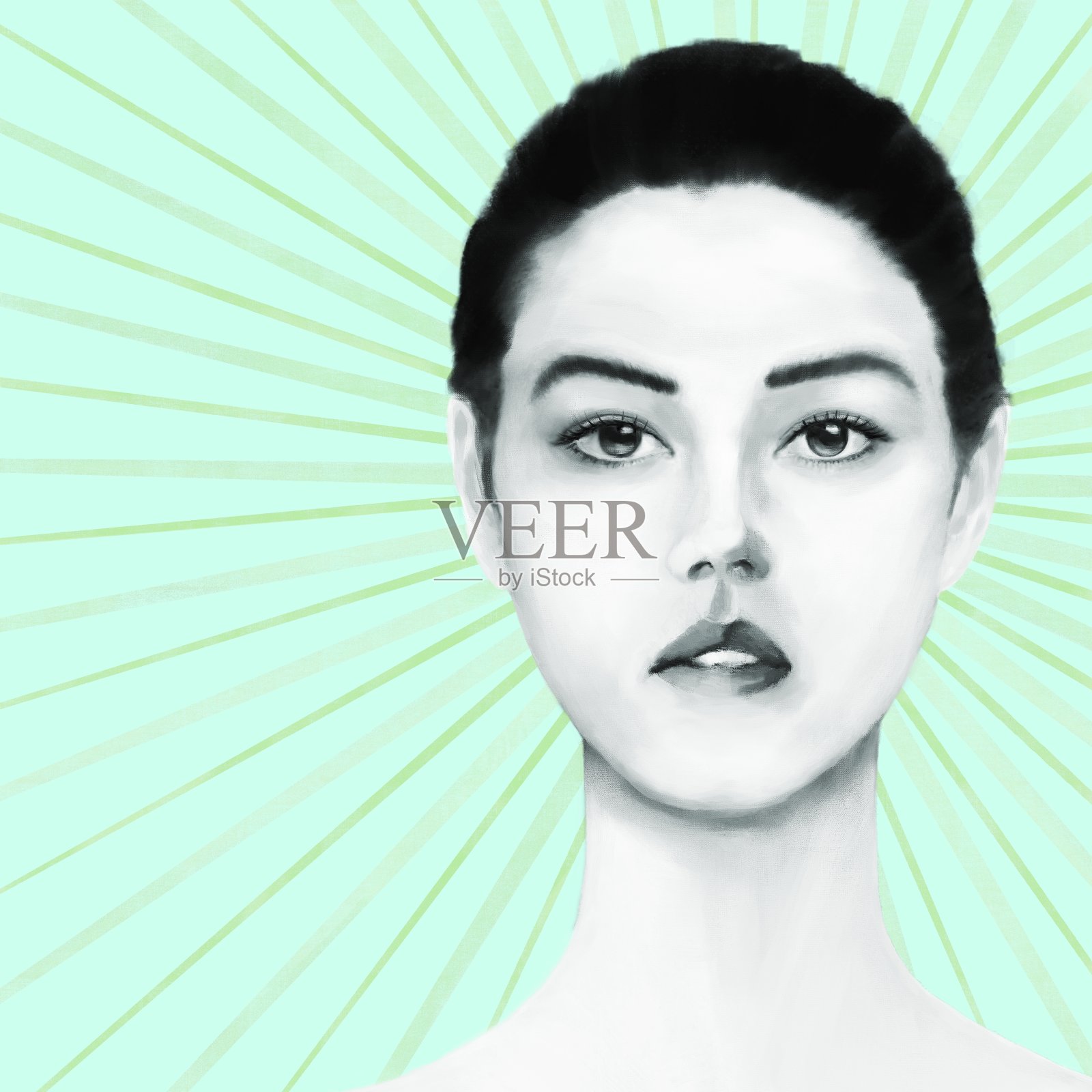 在风格化的阳光的背景下,一个亚洲和欧洲根的年轻女子的肖像插画图片素材