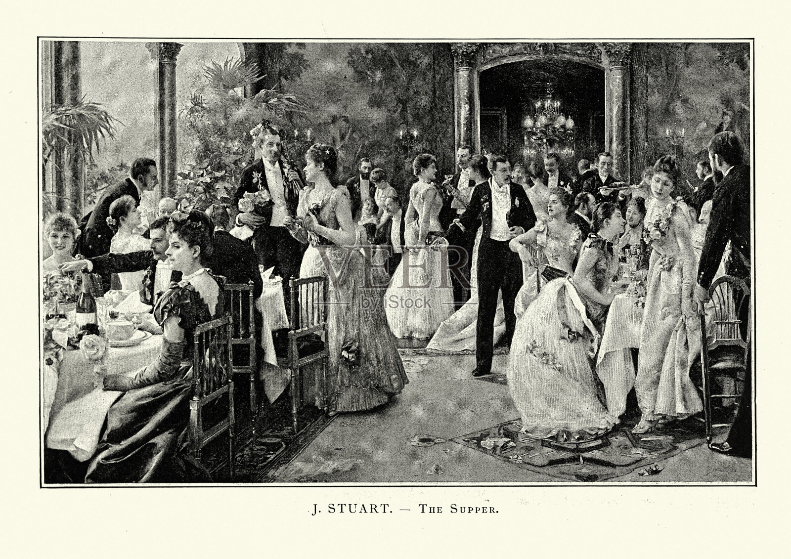 一群维多利亚上层阶级享用盛大晚餐的人,19世纪插画图片素材