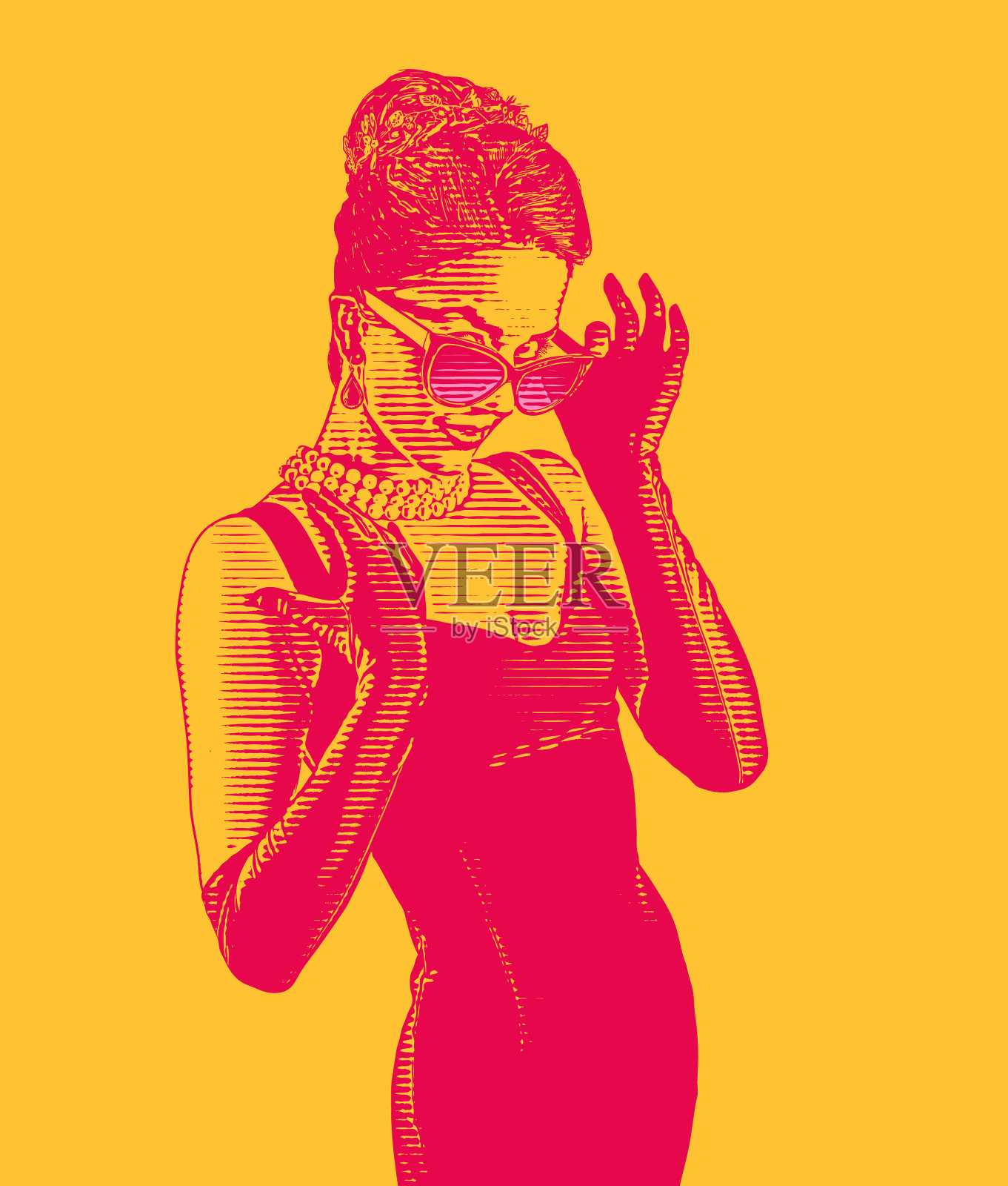 迷人的女人戴着复古风格的时尚窥视眼镜插画图片素材