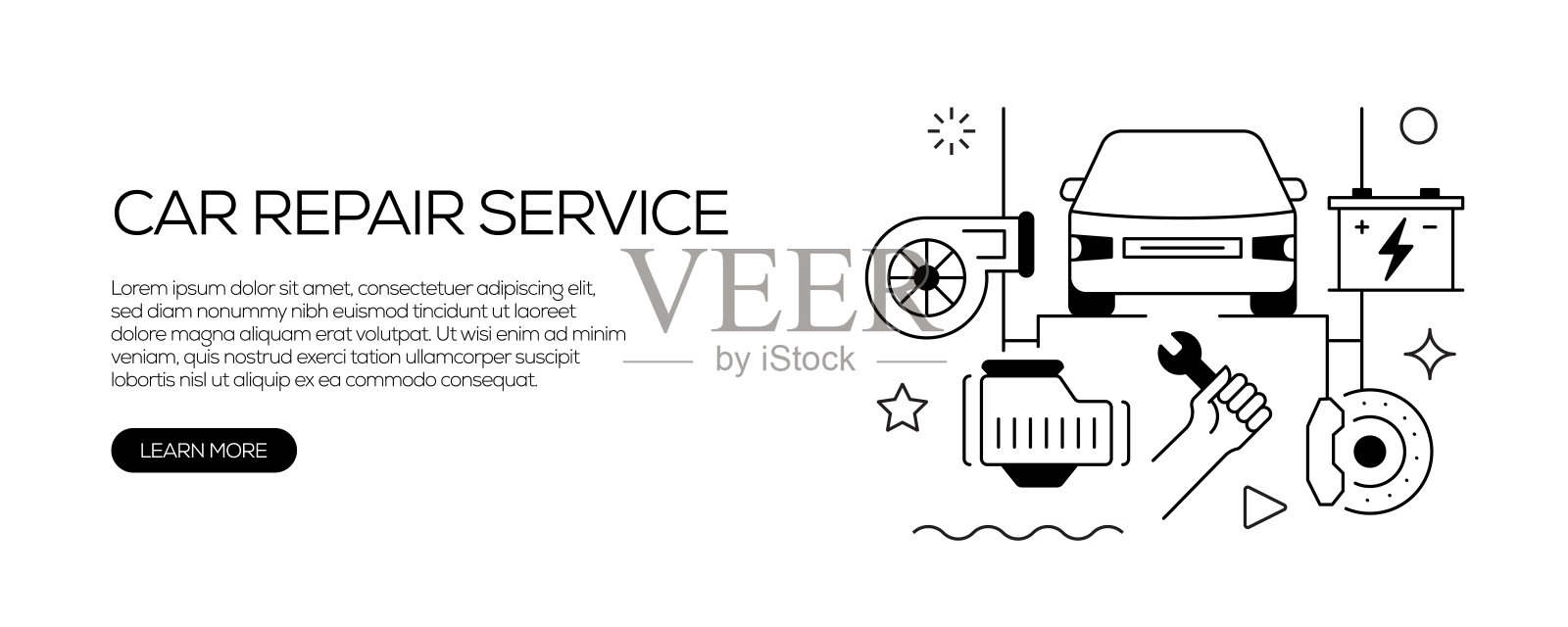 汽车服务和修理店相关的网页横幅线条风格。现代线性设计矢量插图的网站横幅,网站标题等。插画图片素材