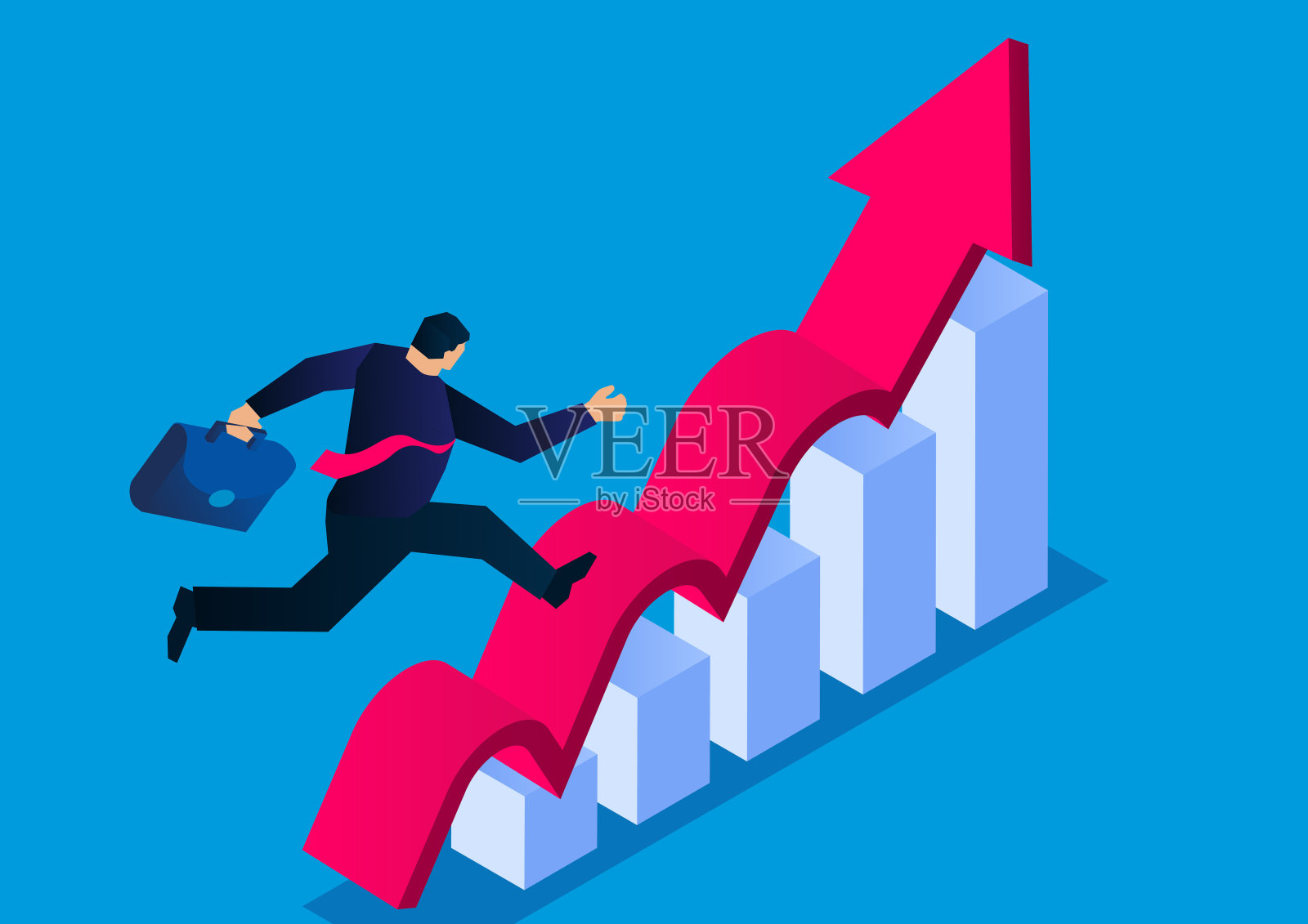 快速的发展和成长,等距的商家就在起起落落的箭头上奔跑插画图片素材