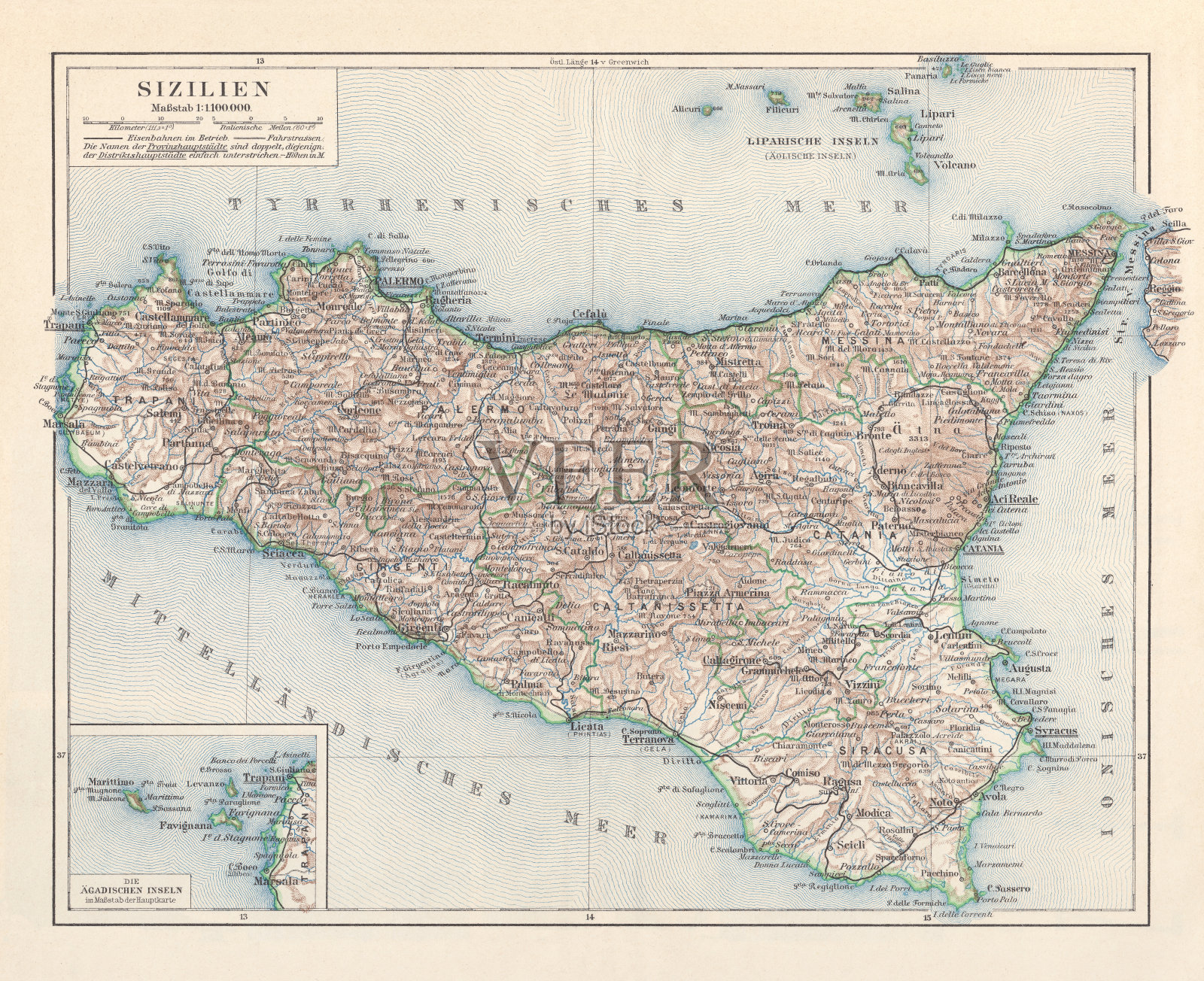 意大利西西里岛地形图,石版,1897年出版插画图片素材