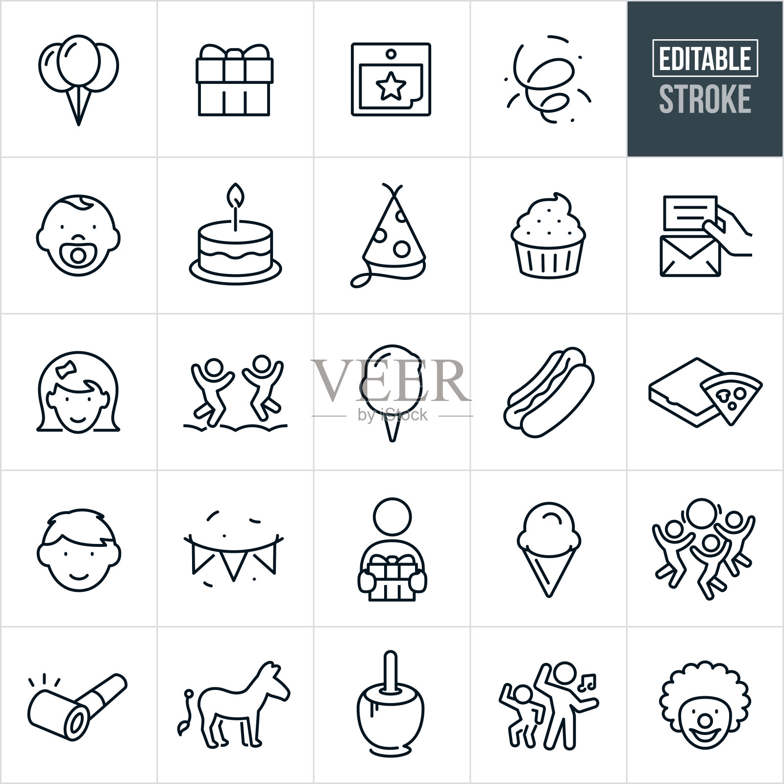 儿童的生日聚会细线图标-可编辑的中风图标素材