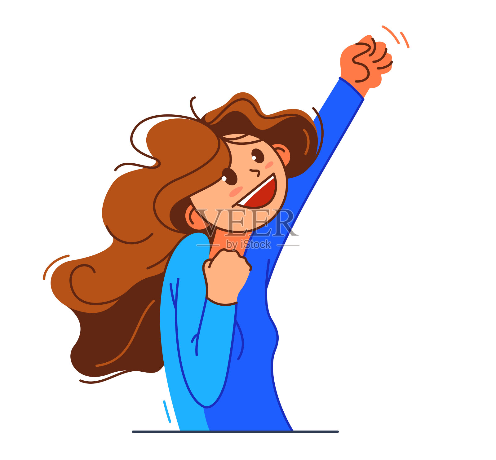 快乐的小女孩兴奋地用胜利者的手势矢量插图,女人对成功和目标说yes卡通画,冠军获胜。插画图片素材