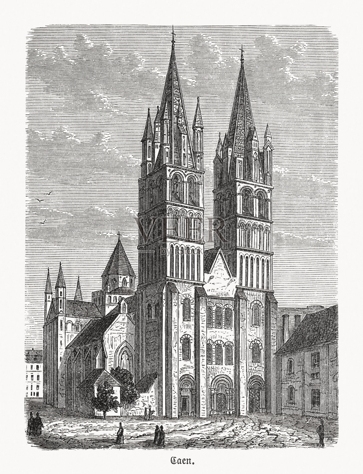 法国诺曼底卡昂的圣修道院-Étienne,木刻,1893年出版插画图片素材