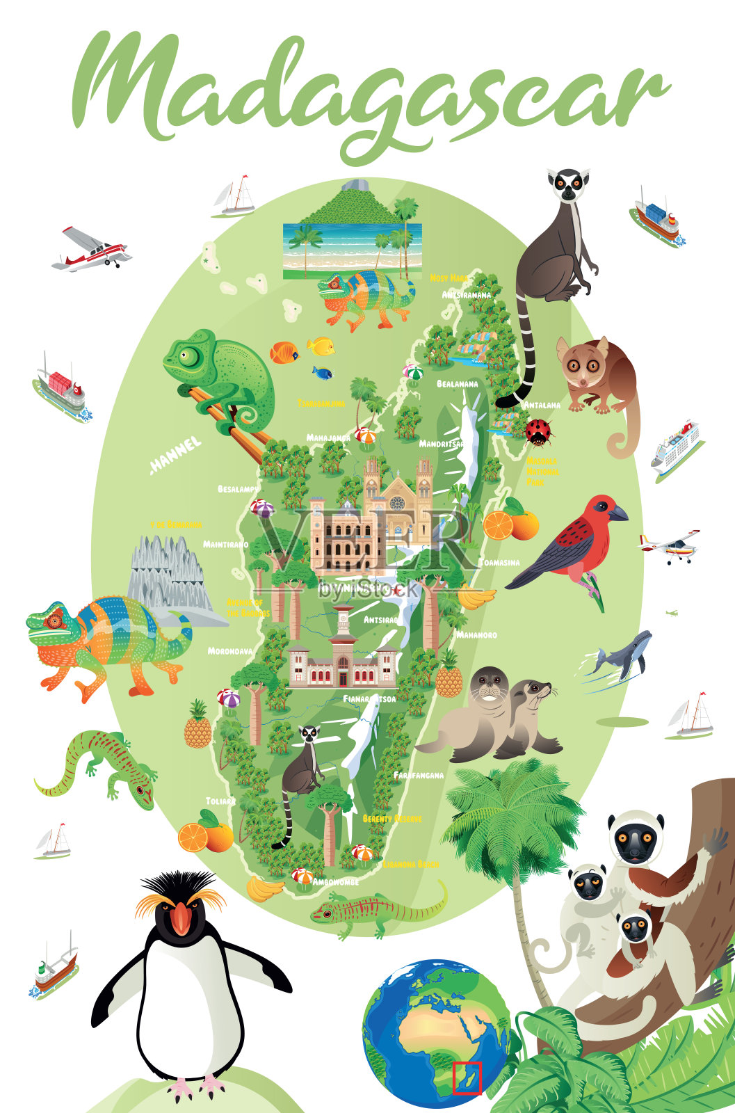 马达加斯加旅游地图插画图片素材