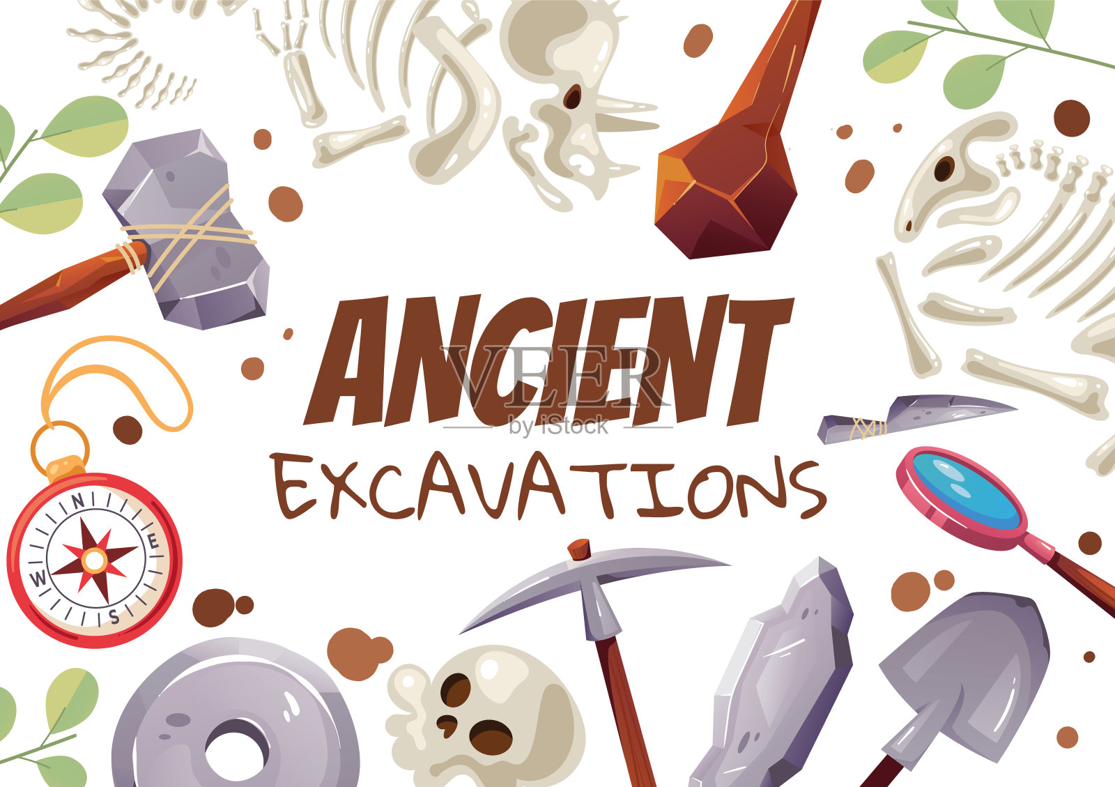 古代发掘石器时代文明恐龙旗帜的背景概念。矢量卡通图形设计插图插画图片素材