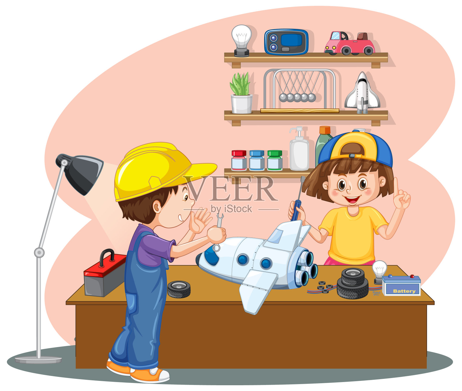 孩子们在一起修理火箭插画图片素材