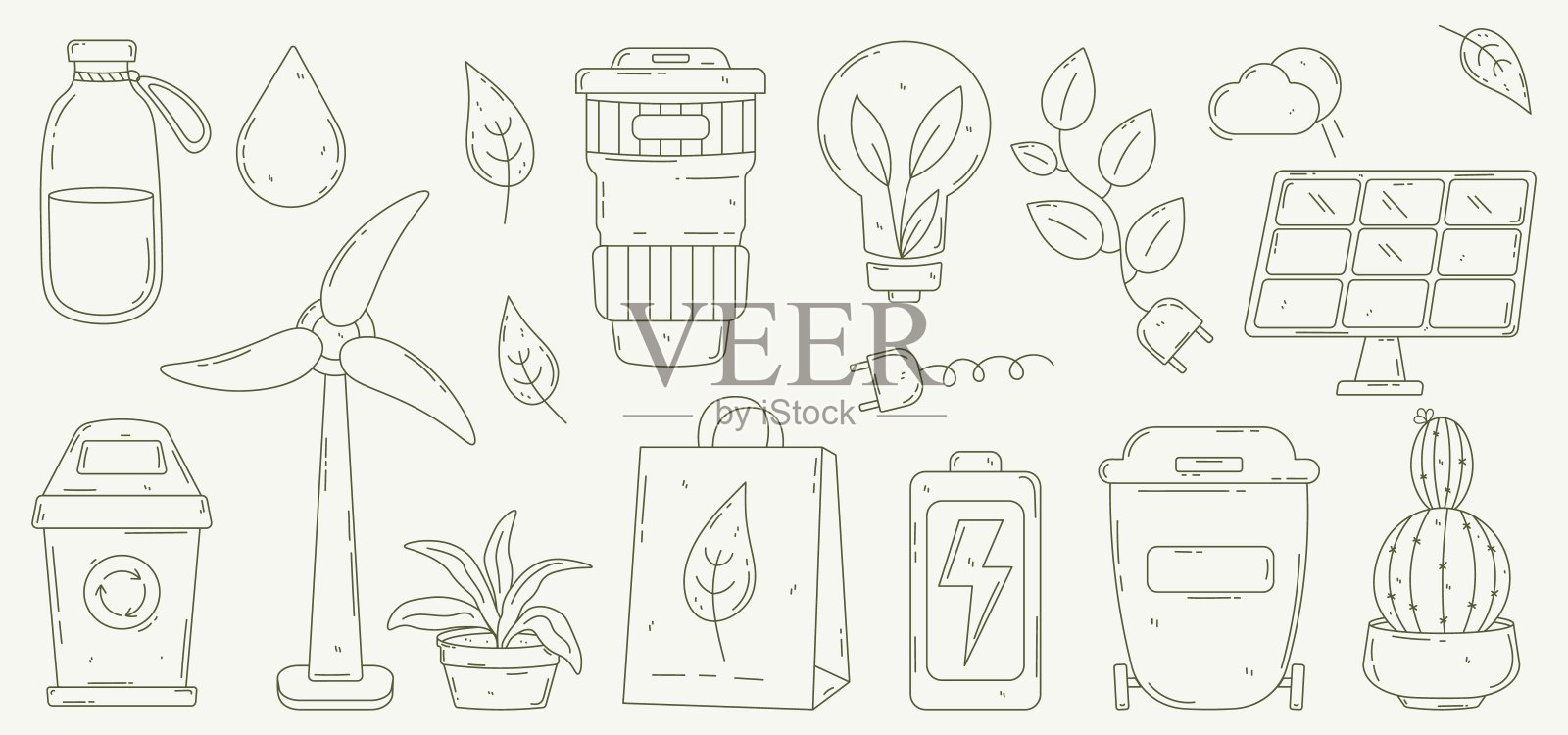 关于生态学主题的一组对象。生态生活方式,零浪费,循环利用,生态友好。减少,再利用,拒绝。绿色可持续的生活习惯理念。可爱的涂鸦线条艺术风格。现代手绘矢量。插画图片素材