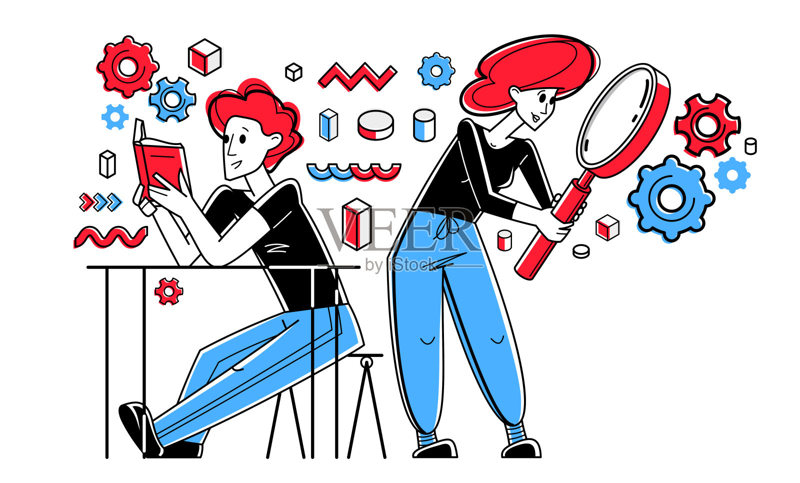 青年人阅读书籍搜索信息,学习科学,自学文学,探究分析,矢量提纲插画。插画图片素材