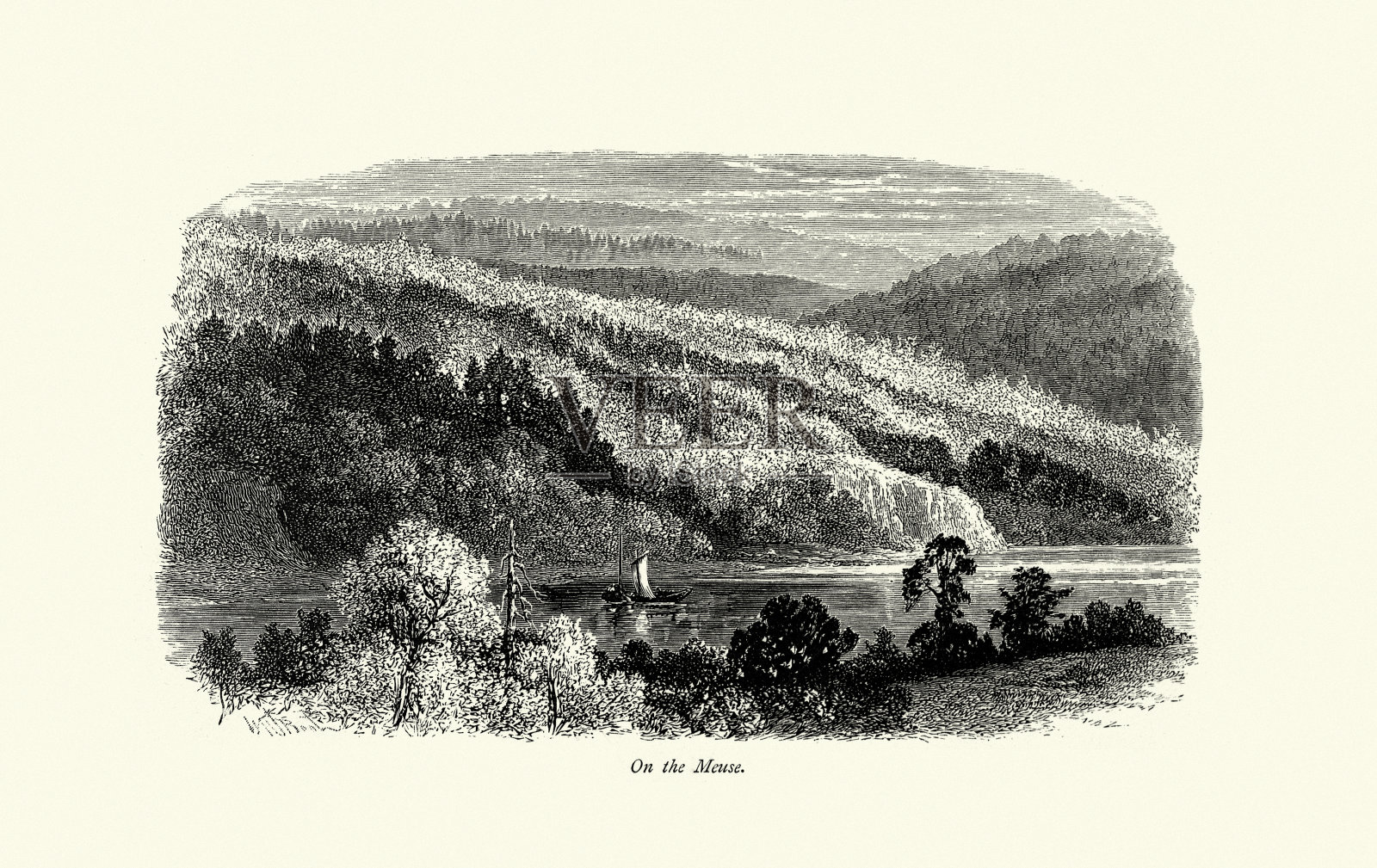 风景如画,默兹河上的船,法国,19世纪插画图片素材