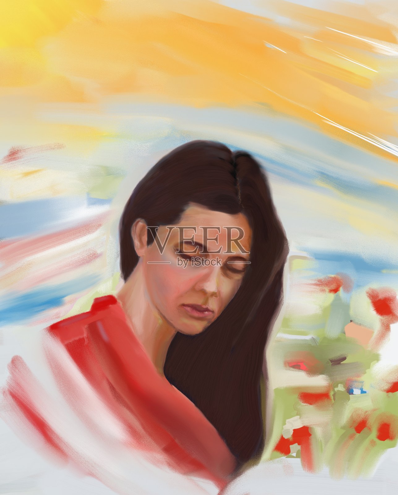 一个年轻女子的风景肖像插画图片素材