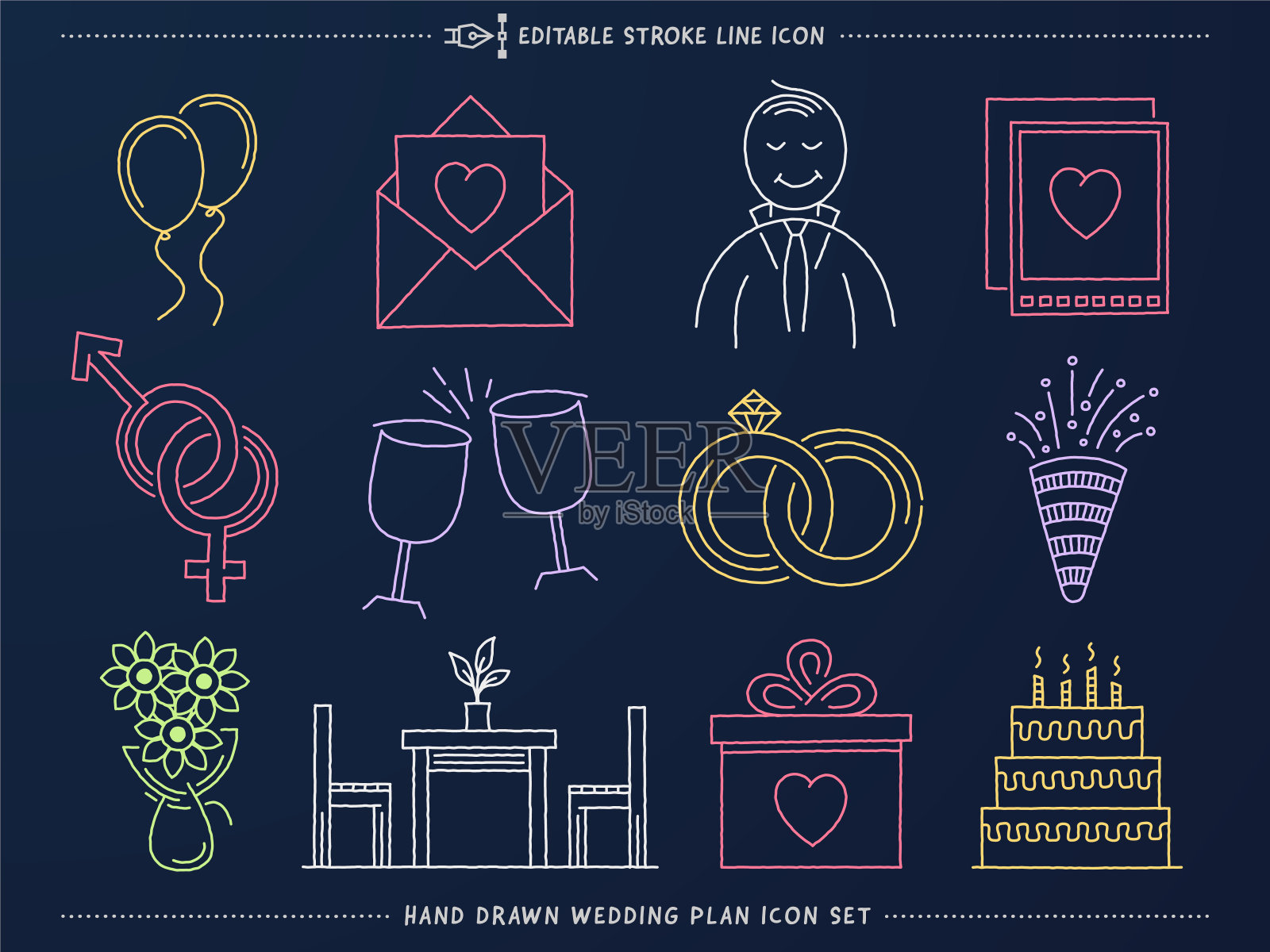 婚礼计划手绘矢量图标集设计元素图片