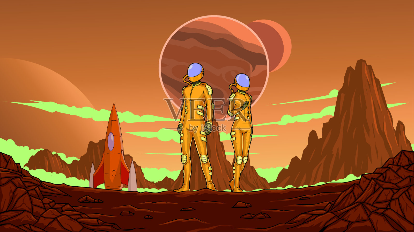 矢量科幻宇航员团队降落在一个新的红色星球上插画图片素材