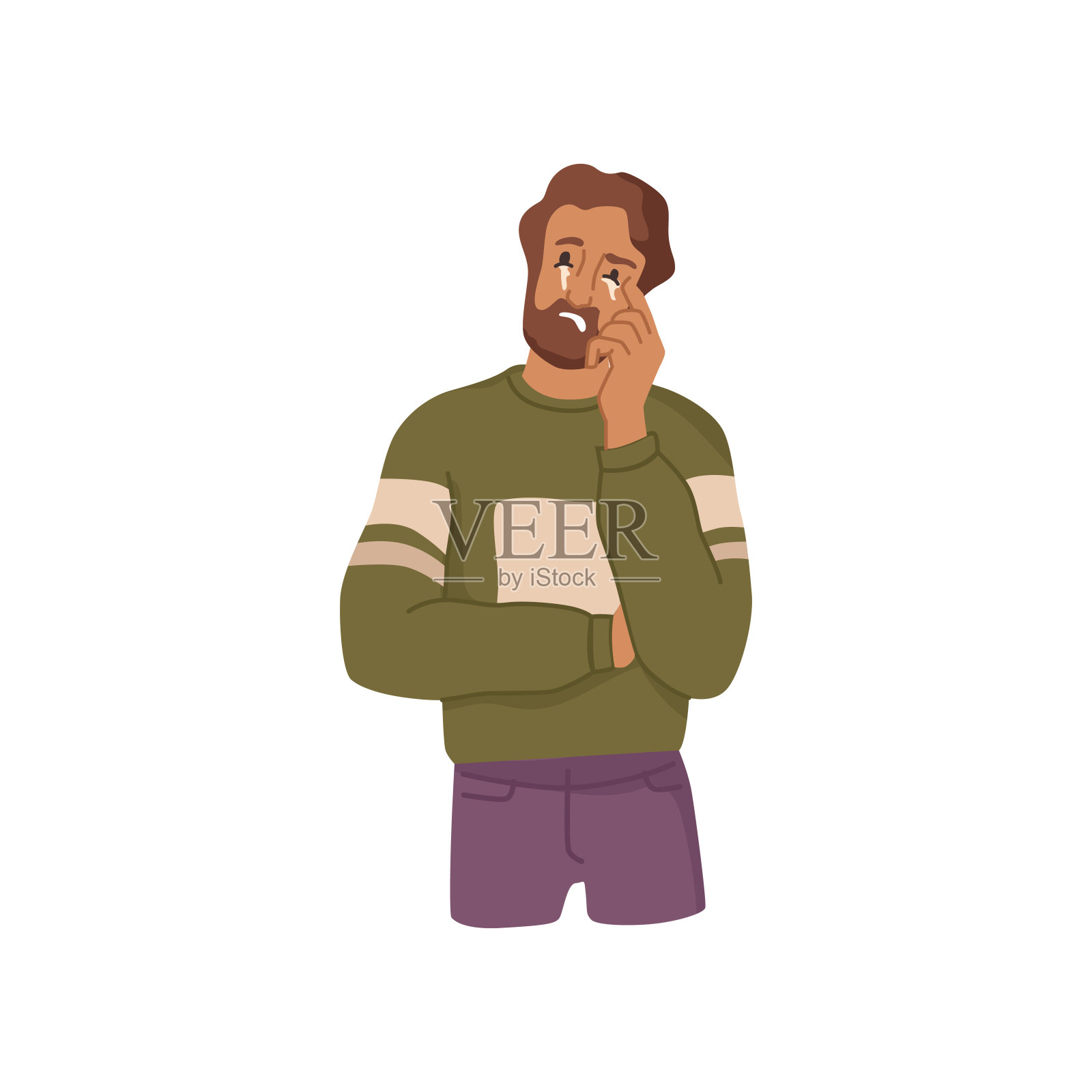 大胡子男人哭泣,哭泣的男人表达消极情绪和悲伤。矢量平卡通人物,心烦男人士擦眼泪。情绪低落、压力大、受伤害的成年人插画图片素材