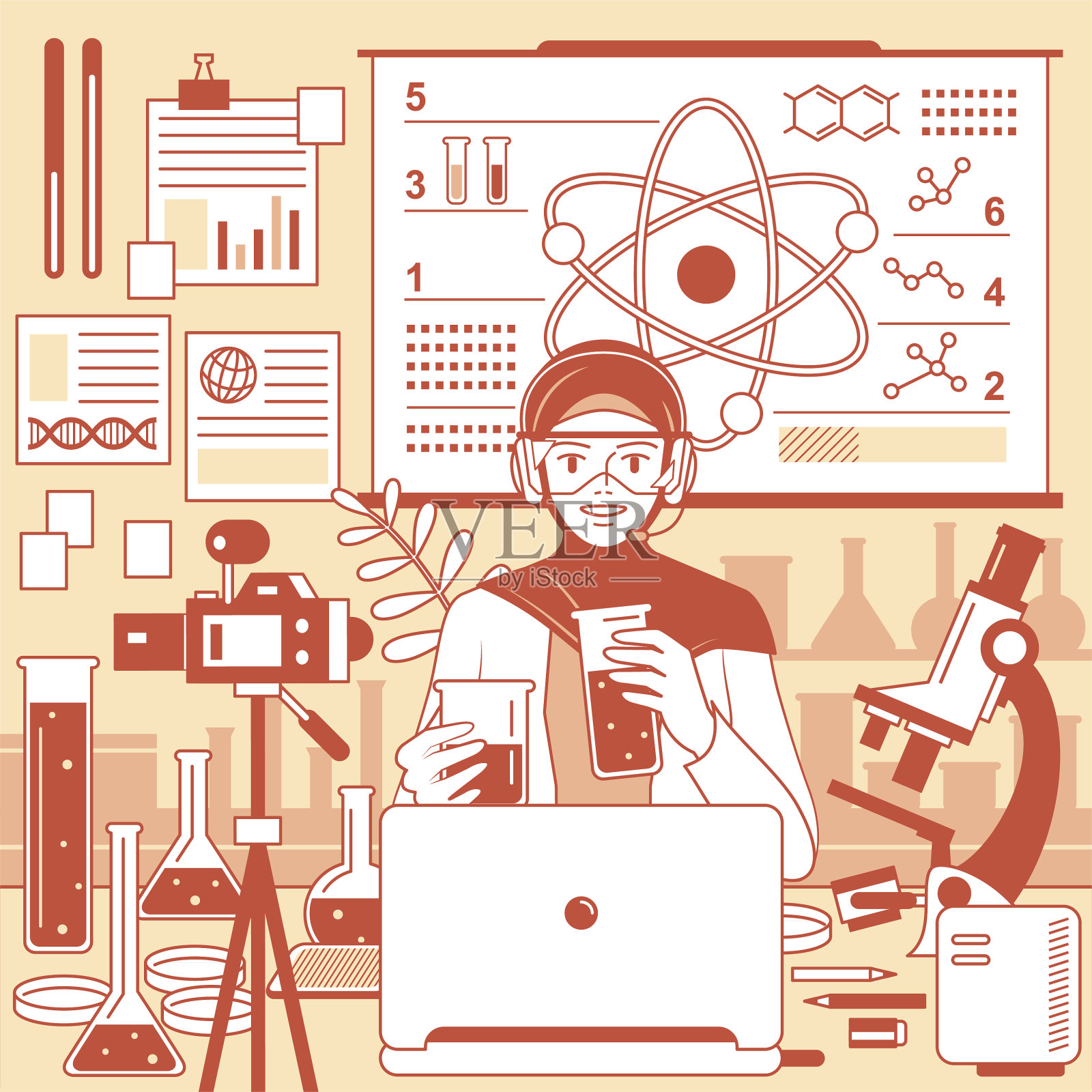 年轻穆斯林女教师戴头巾远程教学插画图片素材