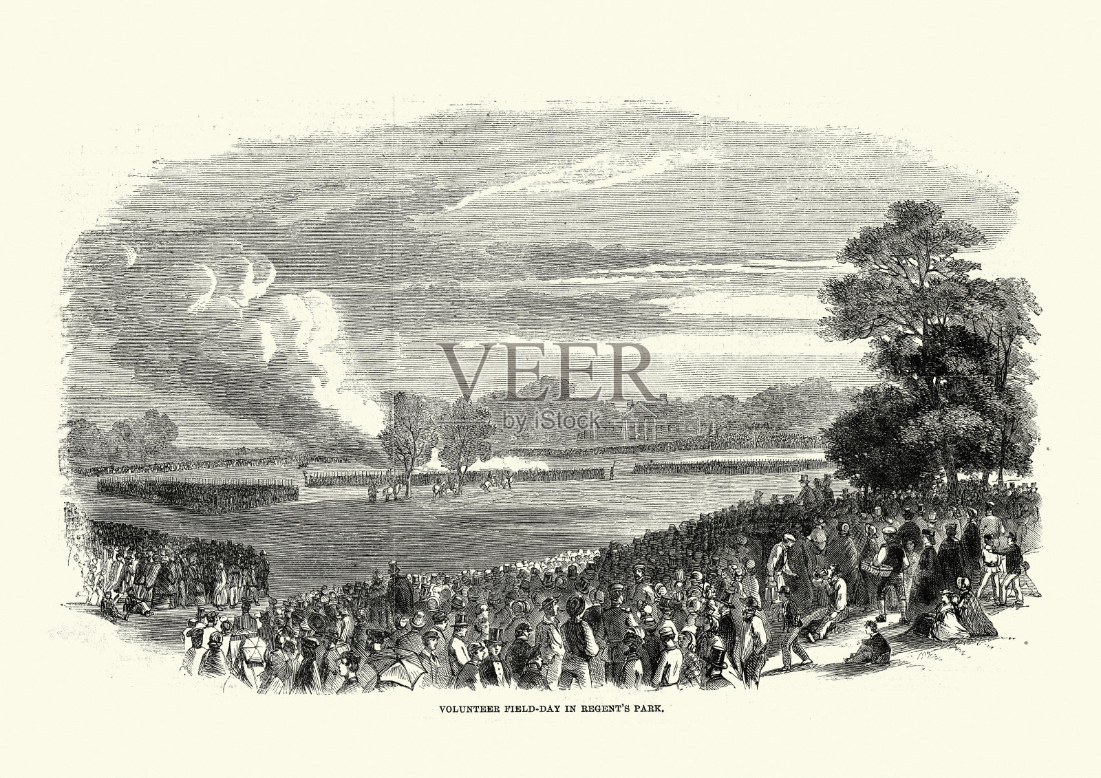 伦敦维多利亚摄政公园,围观英国陆军志愿者训练的人群插画图片素材
